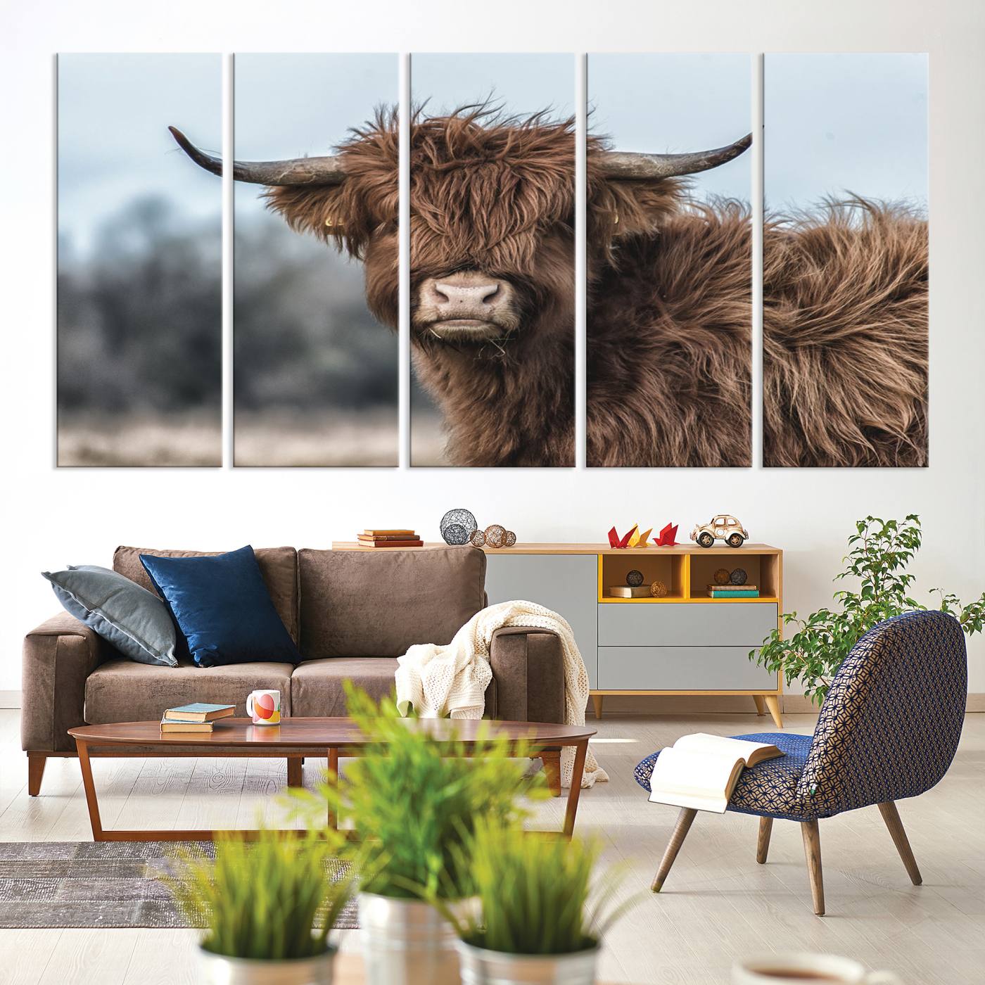 65537-MGV-CV-60X31-5P-Fluffy Highland Cow Wall Art Canvas Print