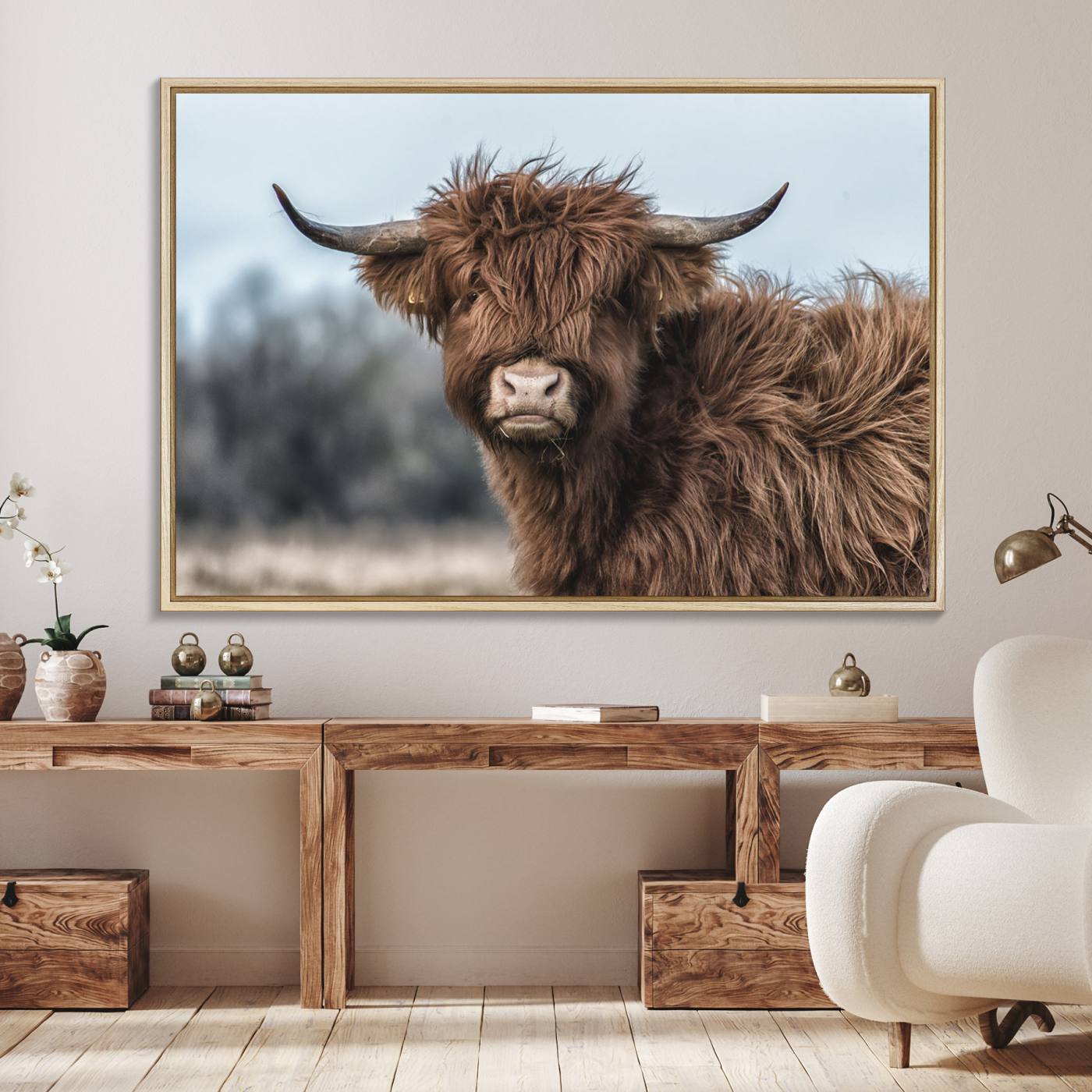 65537-MGV-FC-36X24_Natural-Fluffy Highland Cow Wall Art Canvas Print