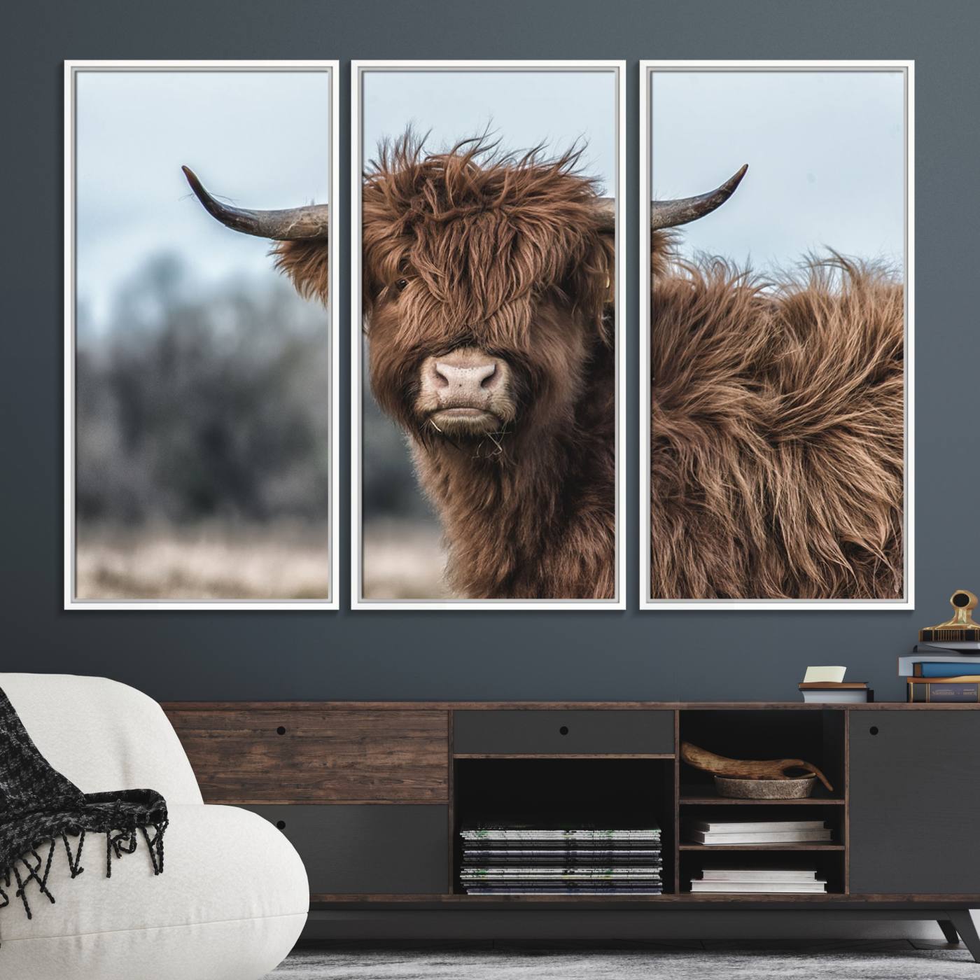 65537-MGV-FC-48X32-3P_White-Fluffy Highland Cow Wall Art Canvas Print