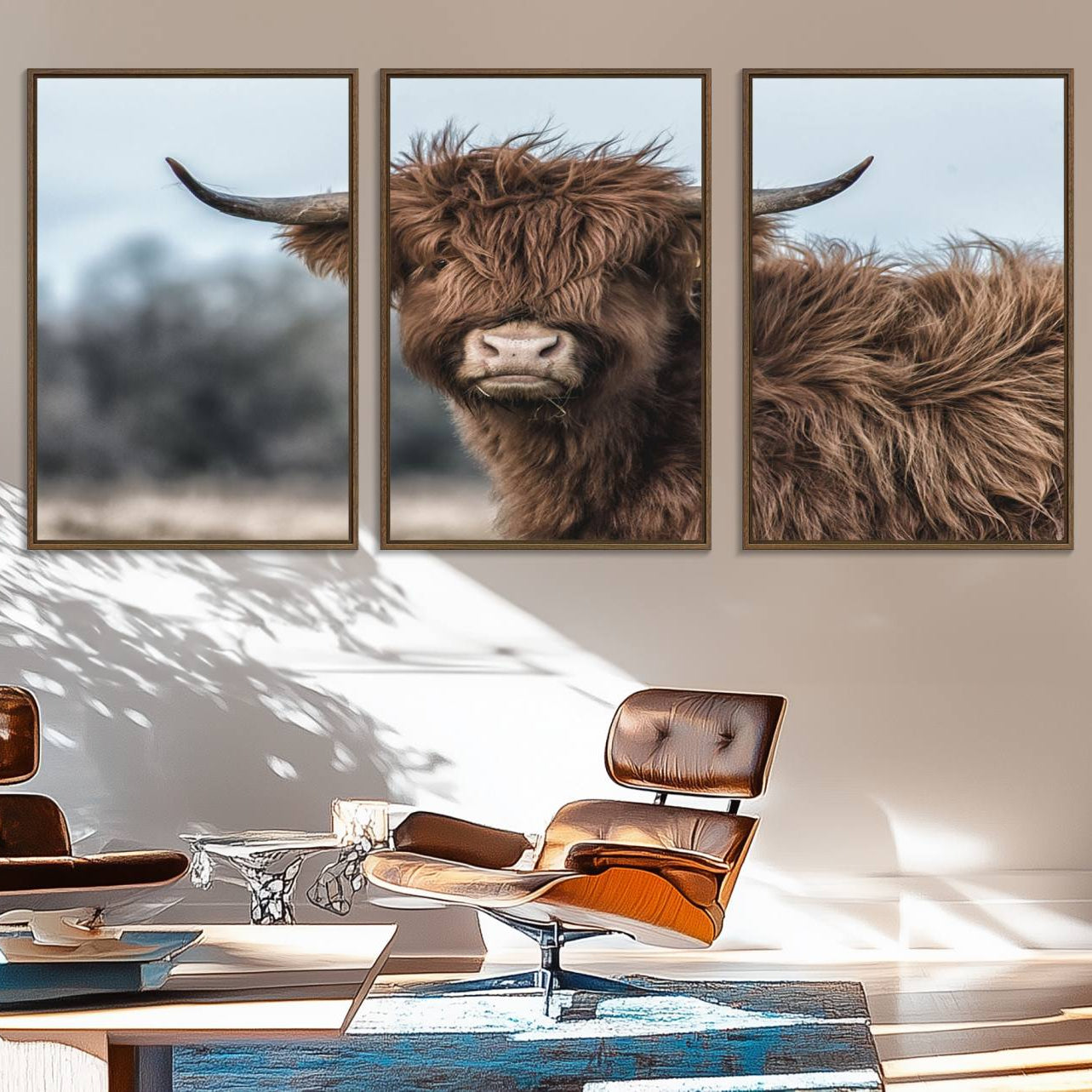 65537-MGV-FC-60X30-3P_Walnut-Fluffy Highland Cow Wall Art Canvas Print