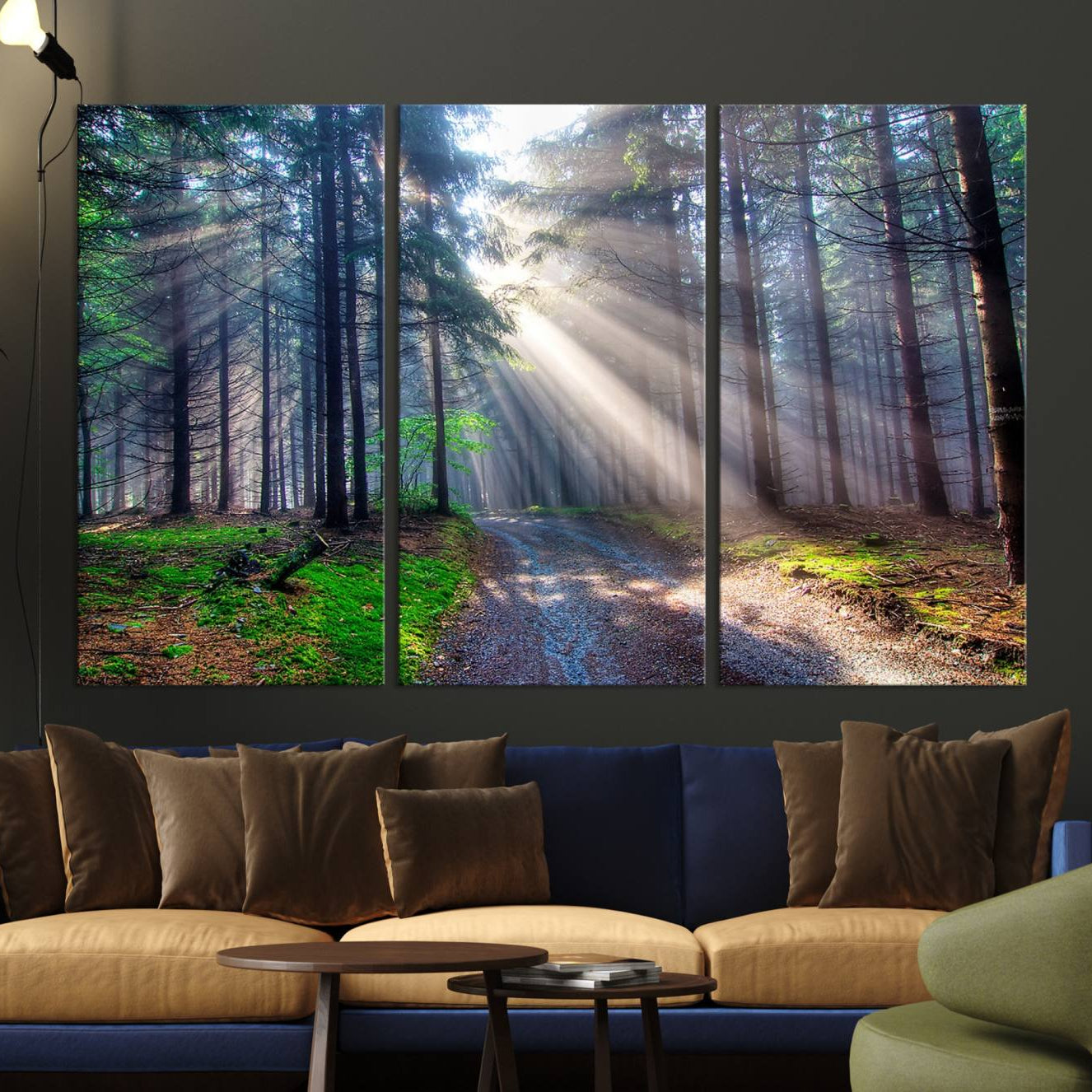 -Forest Path Canvas Wall Art | 3 Panel Sun Rays in a Misty Forest | Large Landscape for Living Room,