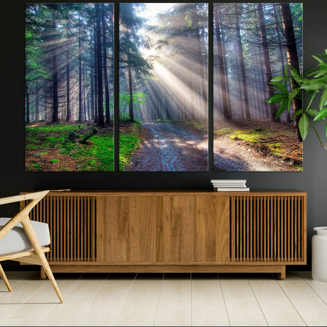 -Forest Path Canvas Wall Art | 3 Panel Sun Rays in a Misty Forest | Large Landscape for Living Room,