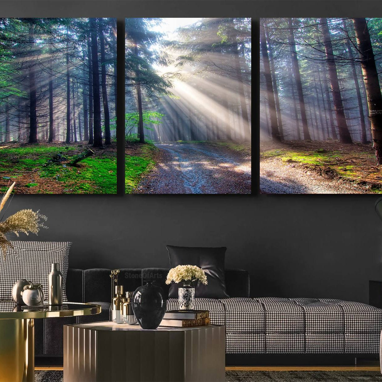 -Forest Path Canvas Wall Art | 3 Panel Sun Rays in a Misty Forest | Large Landscape for Living Room,
