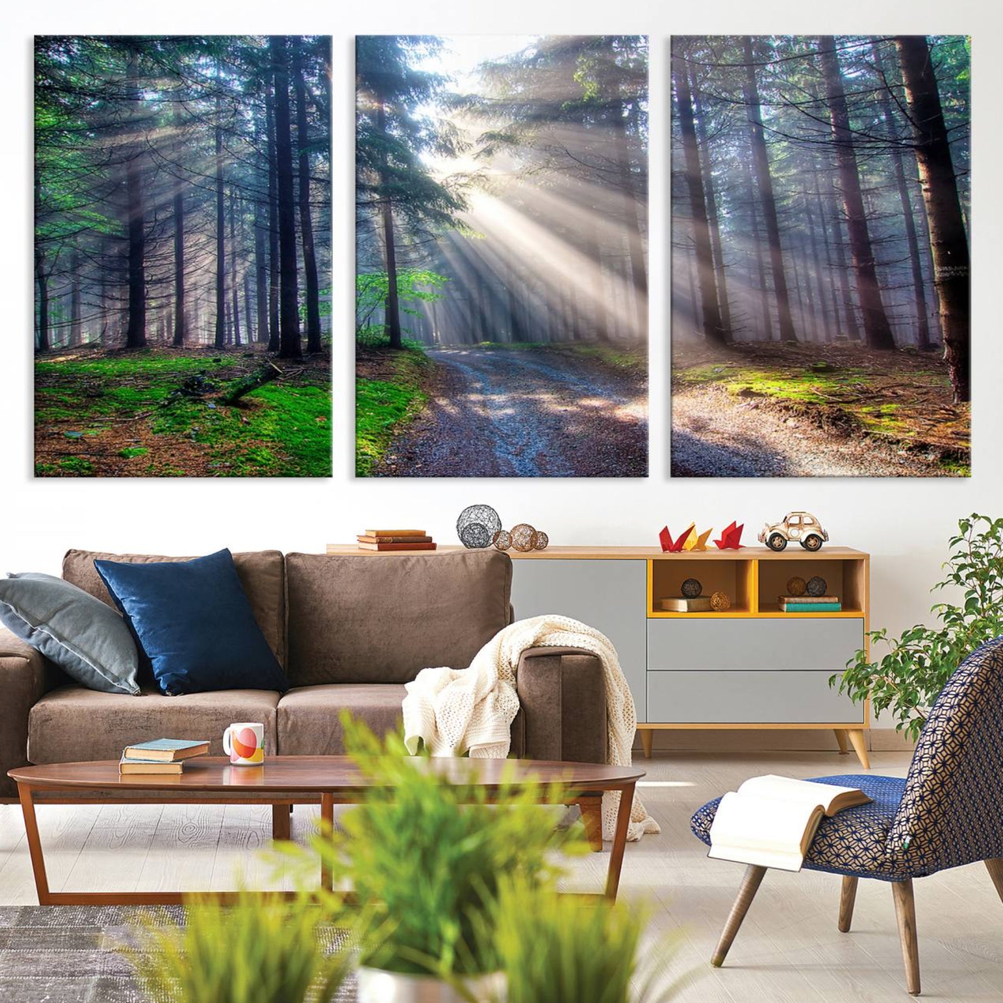 42047-MGV-CV-36X24-Forest Path Canvas Wall Art | 3 Panel Sun Rays in a Misty Forest | Large Landscape for Living Room,