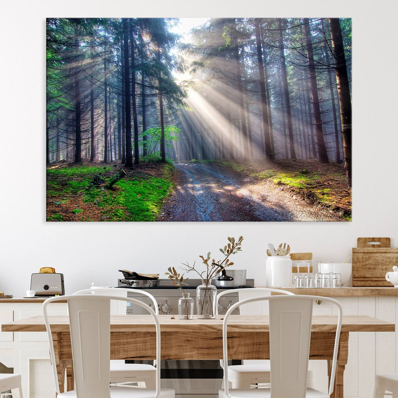 42047-MGV-CV-36X24-Forest Path Canvas Wall Art | 3 Panel Sun Rays in a Misty Forest | Large Landscape for Living Room,