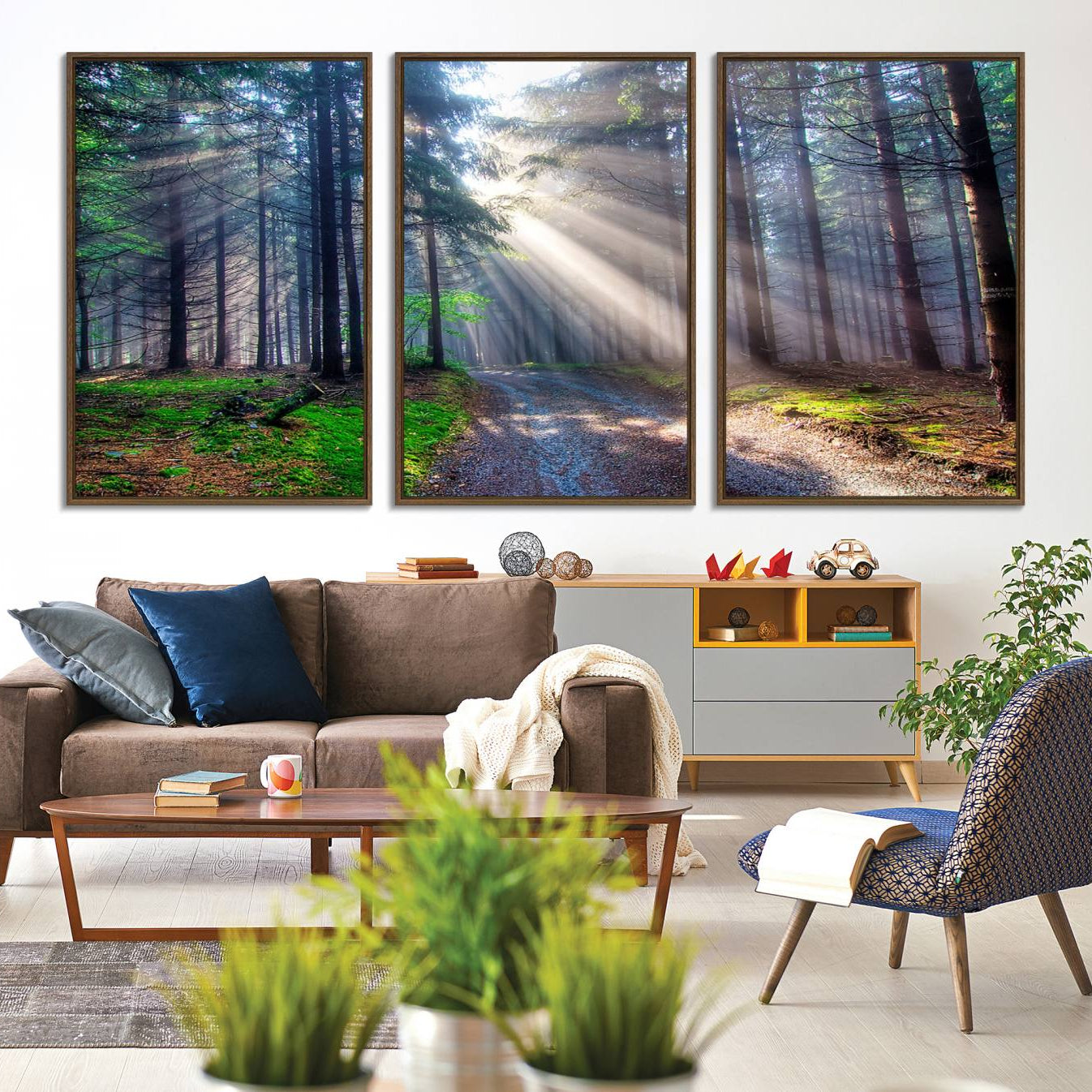 -Forest Path Canvas Wall Art | 3 Panel Sun Rays in a Misty Forest | Large Landscape for Living Room,