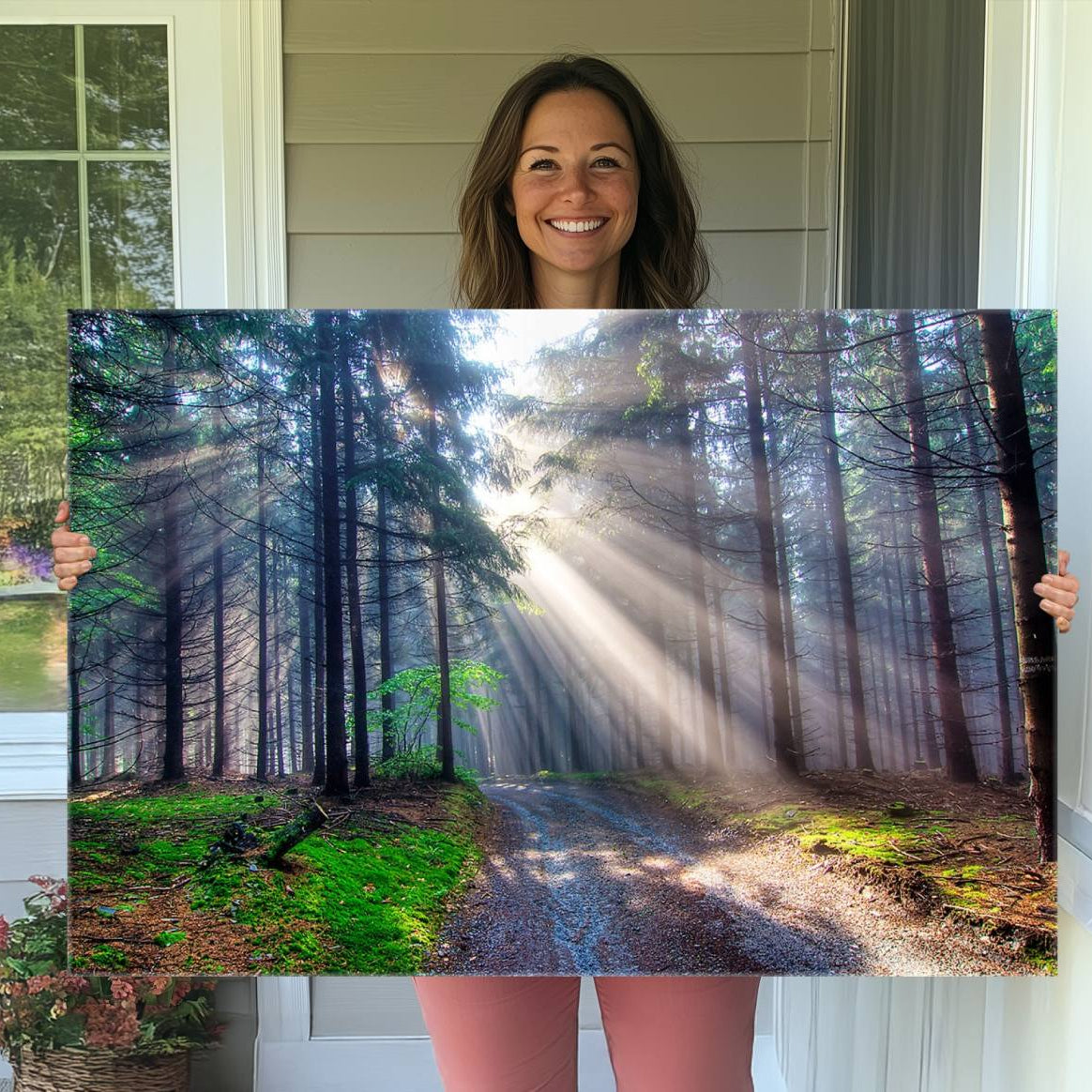 42047-MGV-CV-36X24-Forest Path Canvas Wall Art | 3 Panel Sun Rays in a Misty Forest | Large Landscape for Living Room,