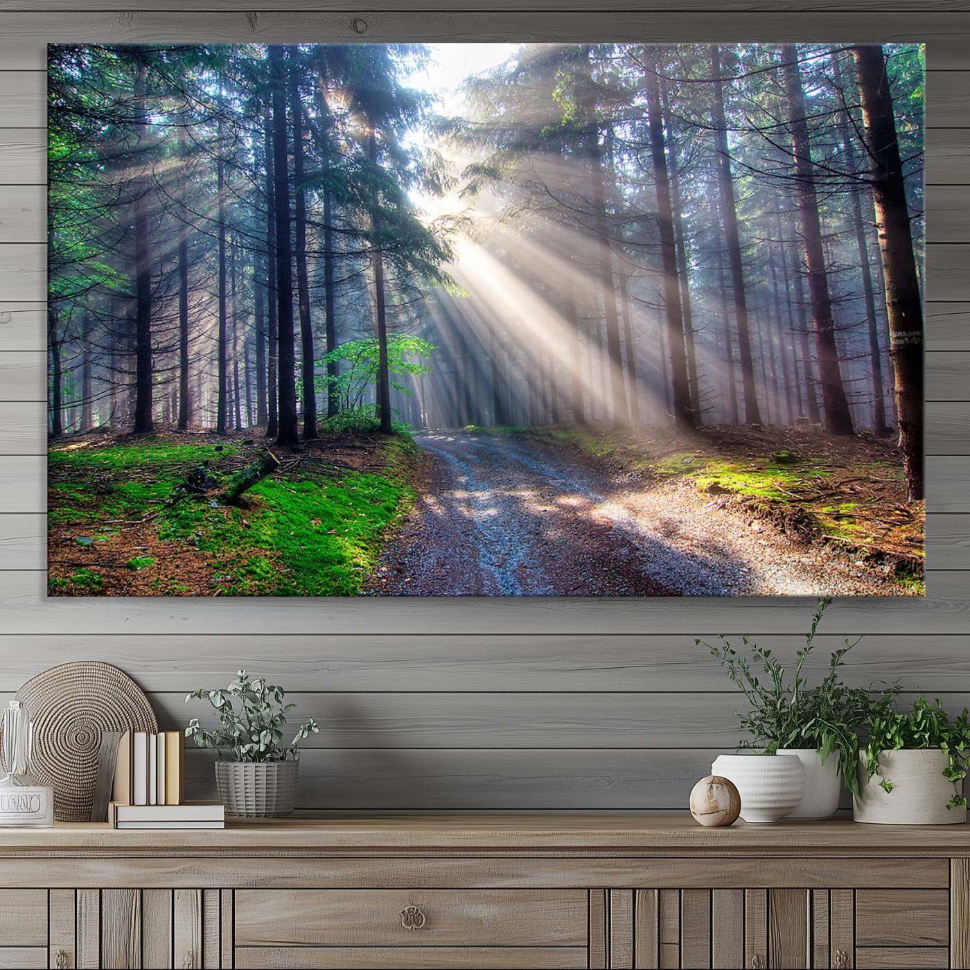 42047-MGV-CV-36X24-Forest Path Canvas Wall Art | 3 Panel Sun Rays in a Misty Forest | Large Landscape for Living Room,