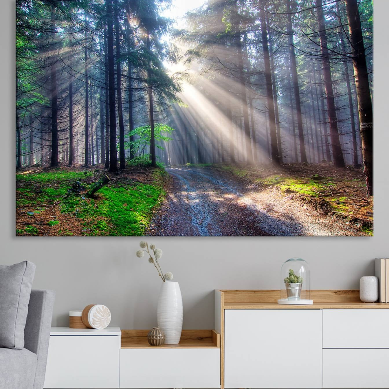 42047-MGV-CV-36X24-Forest Path Canvas Wall Art | 3 Panel Sun Rays in a Misty Forest | Large Landscape for Living Room,