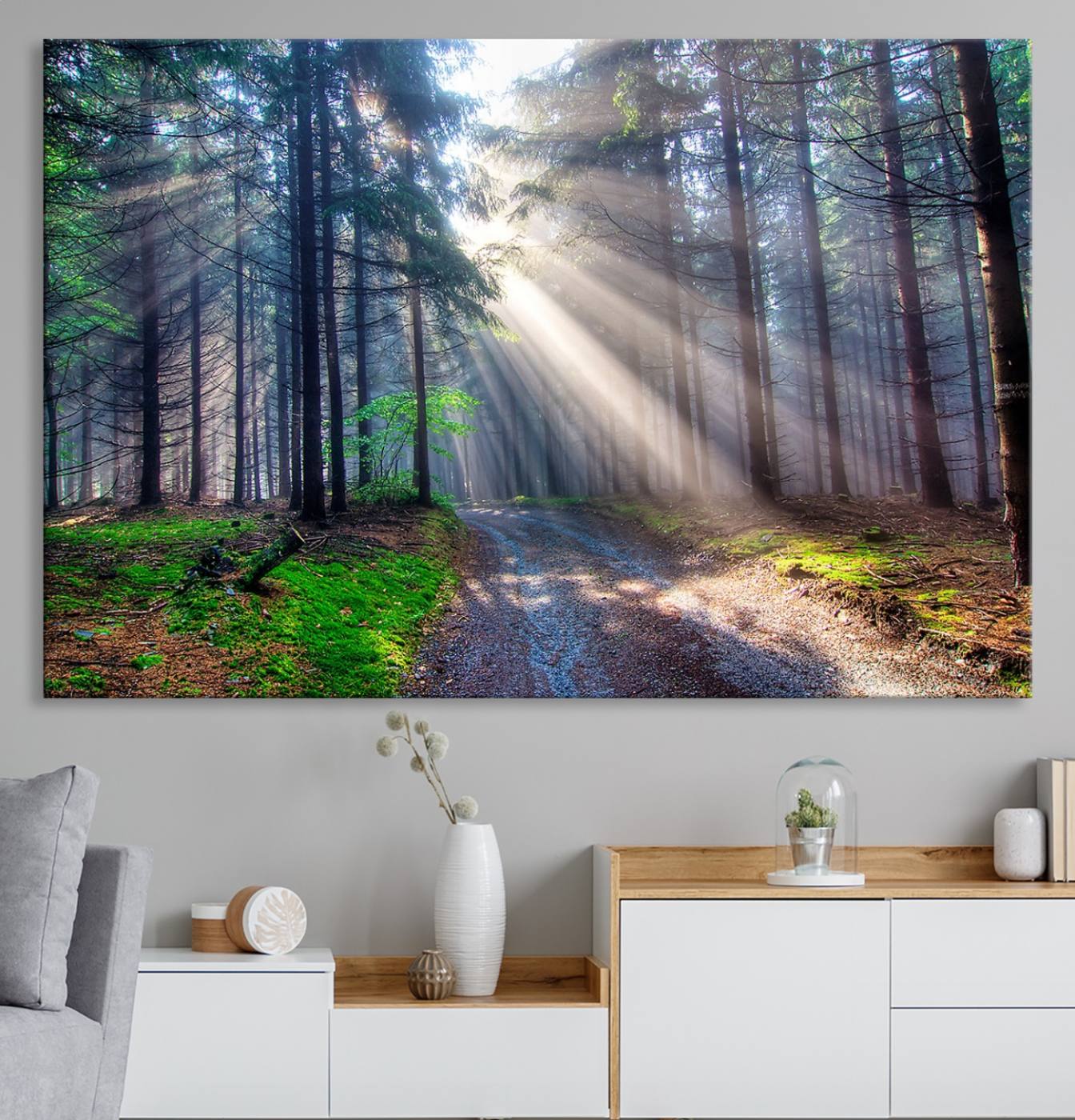 42047-MGV-CV-36X24-Forest Path Canvas Wall Art | 3 Panel Sun Rays in a Misty Forest | Large Landscape for Living Room,