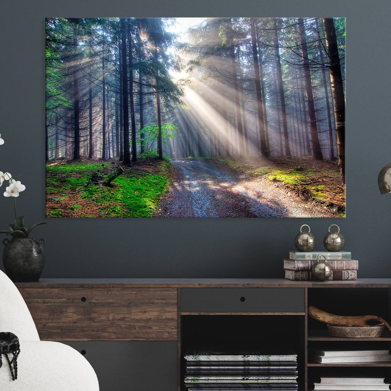 42047-MGV-CV-36X24-Forest Path Canvas Wall Art | 3 Panel Sun Rays in a Misty Forest | Large Landscape for Living Room,