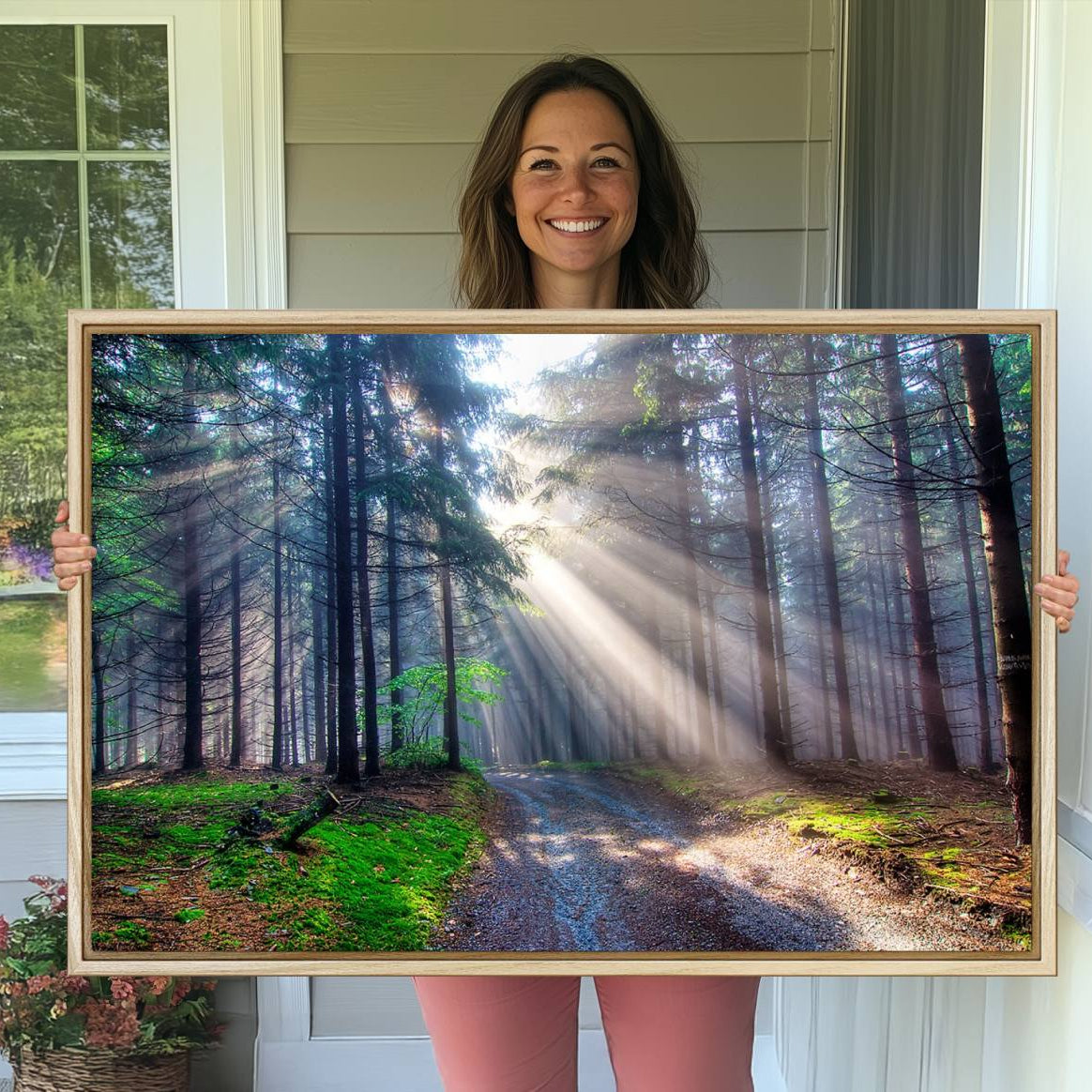 42047-MGV-CV-36X24-Forest Path Canvas Wall Art | 3 Panel Sun Rays in a Misty Forest | Large Landscape for Living Room,