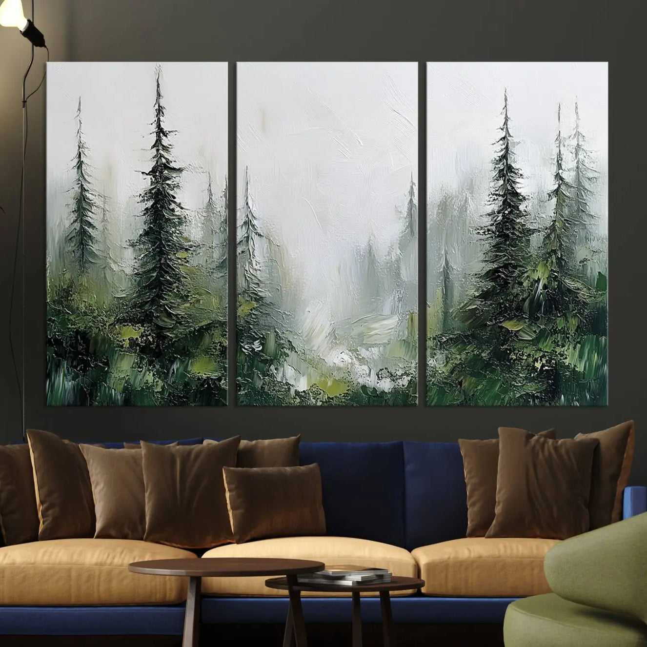 -Framed Abstract Forest Canvas Wall Art Print - Green and White Woodland Printing - Nature Artwork
