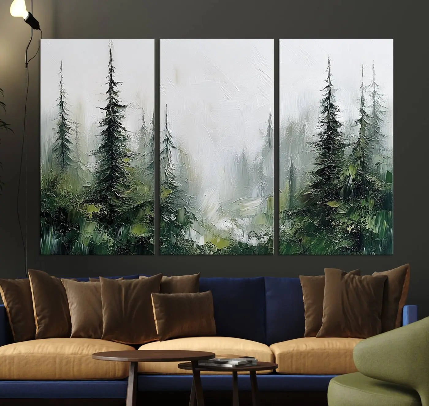 76014-MGV-CV-36X24-Abstract Forest Wall Art Canvas Print – Framed Green White Woodland Nature Scene Artwork for Home, Office Decor