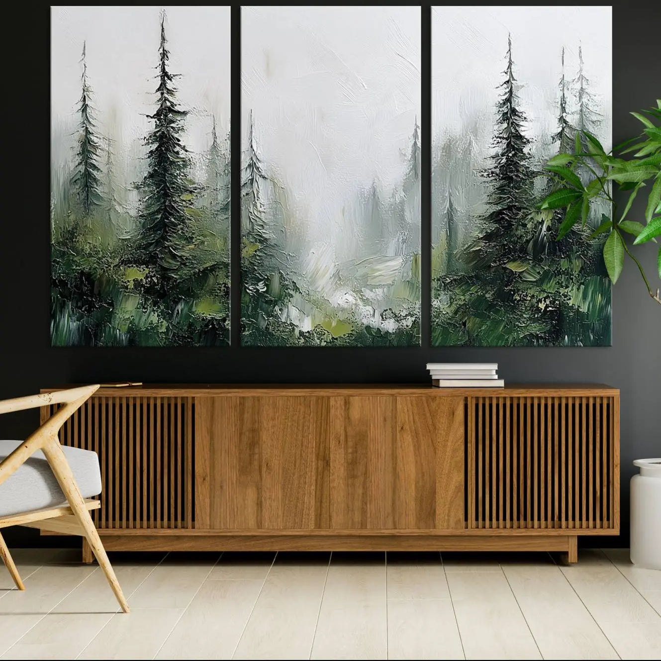 -Framed Abstract Forest Canvas Wall Art Print - Green and White Woodland Printing - Nature Artwork