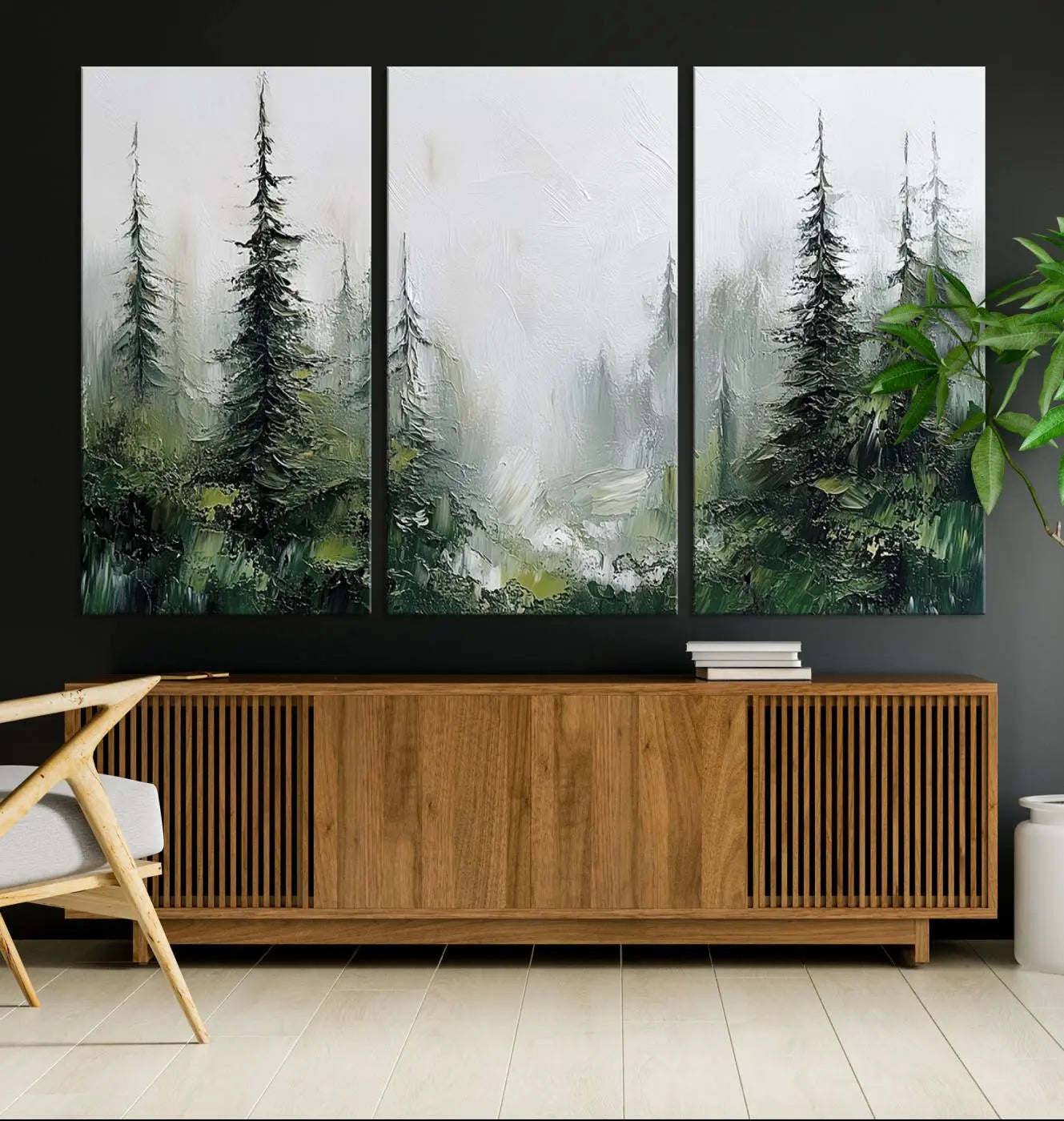 76014-MGV-CV-36X24-Abstract Forest Wall Art Canvas Print – Framed Green White Woodland Nature Scene Artwork for Home, Office Decor