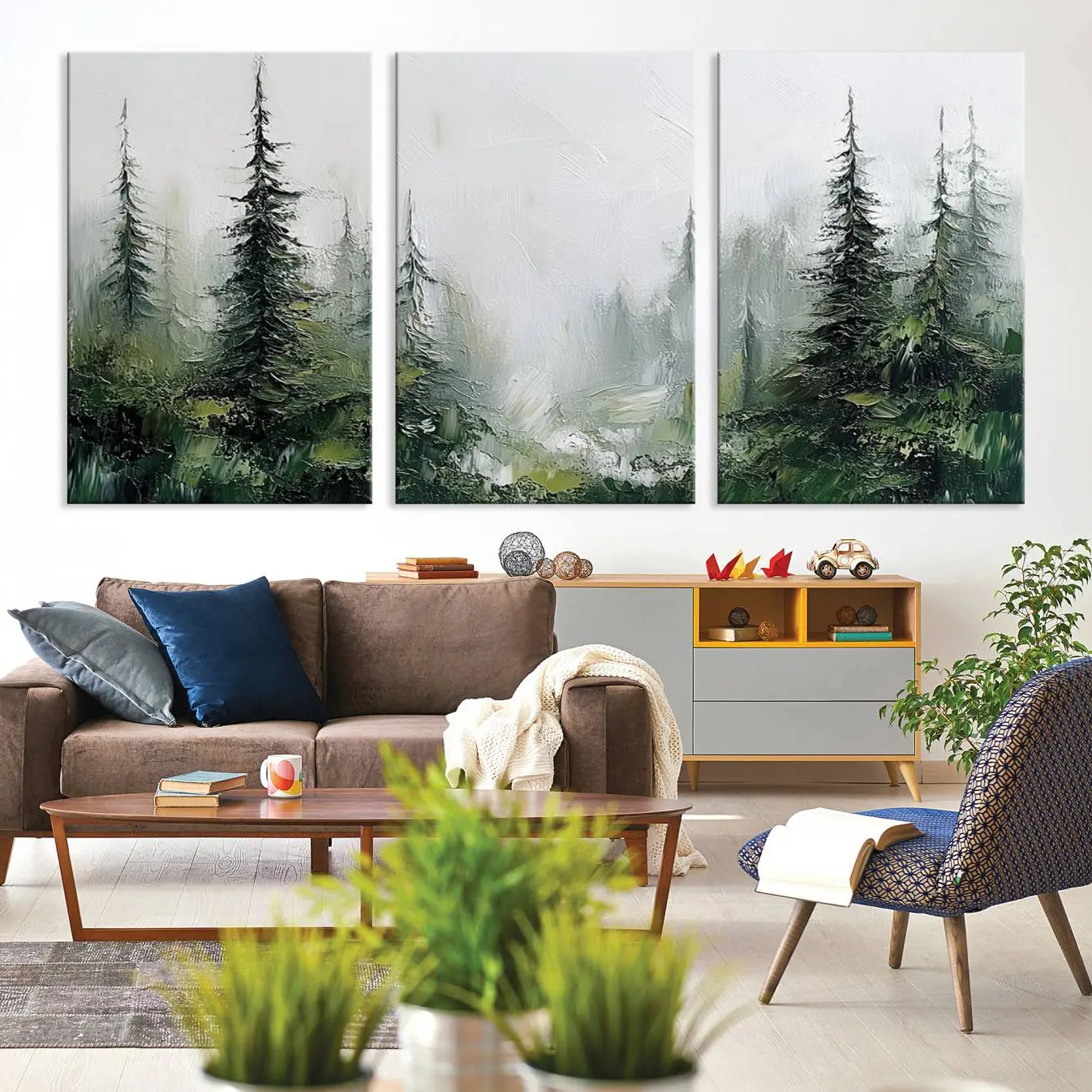 -Framed Abstract Forest Canvas Wall Art Print - Green and White Woodland Printing - Nature Artwork