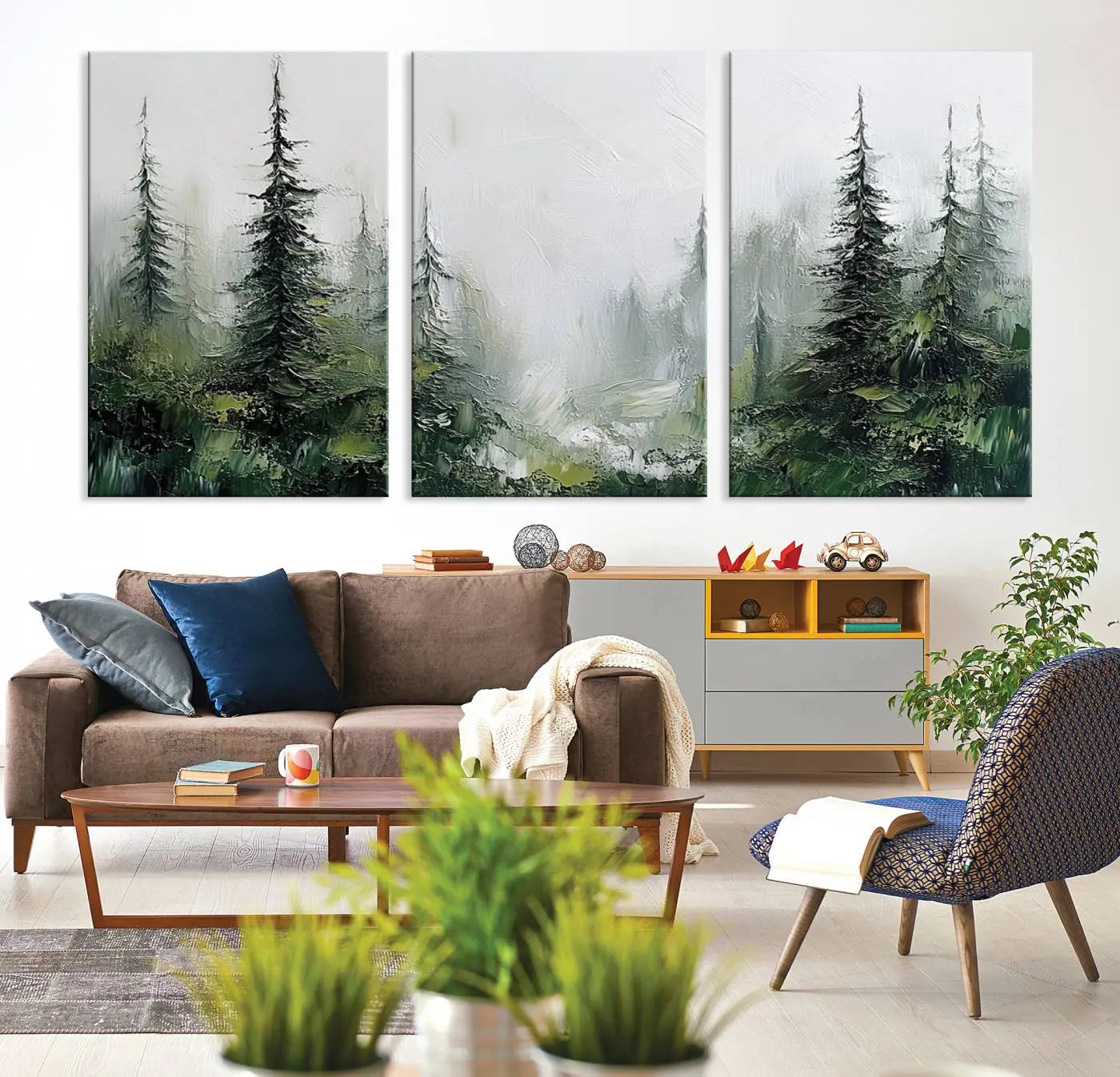 76014-MGV-CV-36X24-Abstract Forest Wall Art Canvas Print – Framed Green White Woodland Nature Scene Artwork for Home, Office Decor