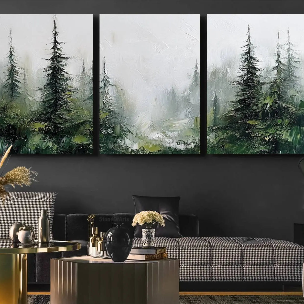 -Framed Abstract Forest Canvas Wall Art Print - Green and White Woodland Printing - Nature Artwork