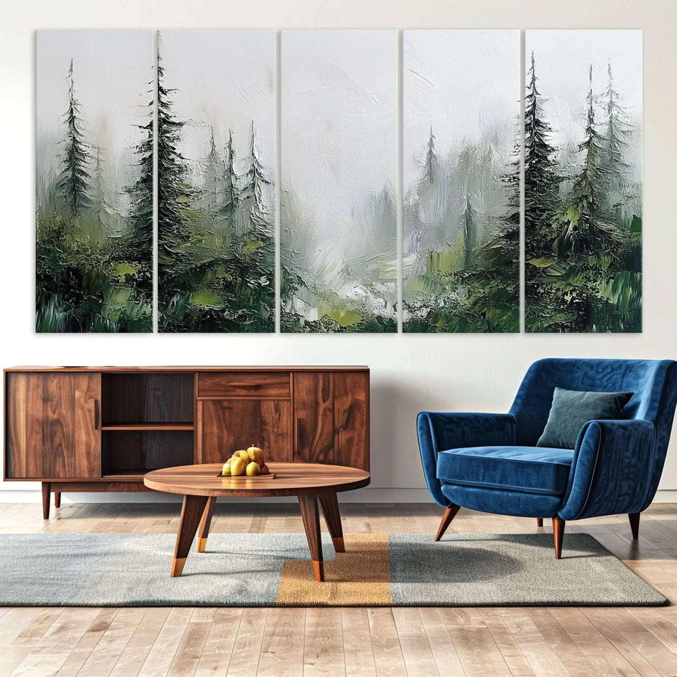 -Framed Abstract Forest Canvas Wall Art Print - Green and White Woodland Printing - Nature Artwork