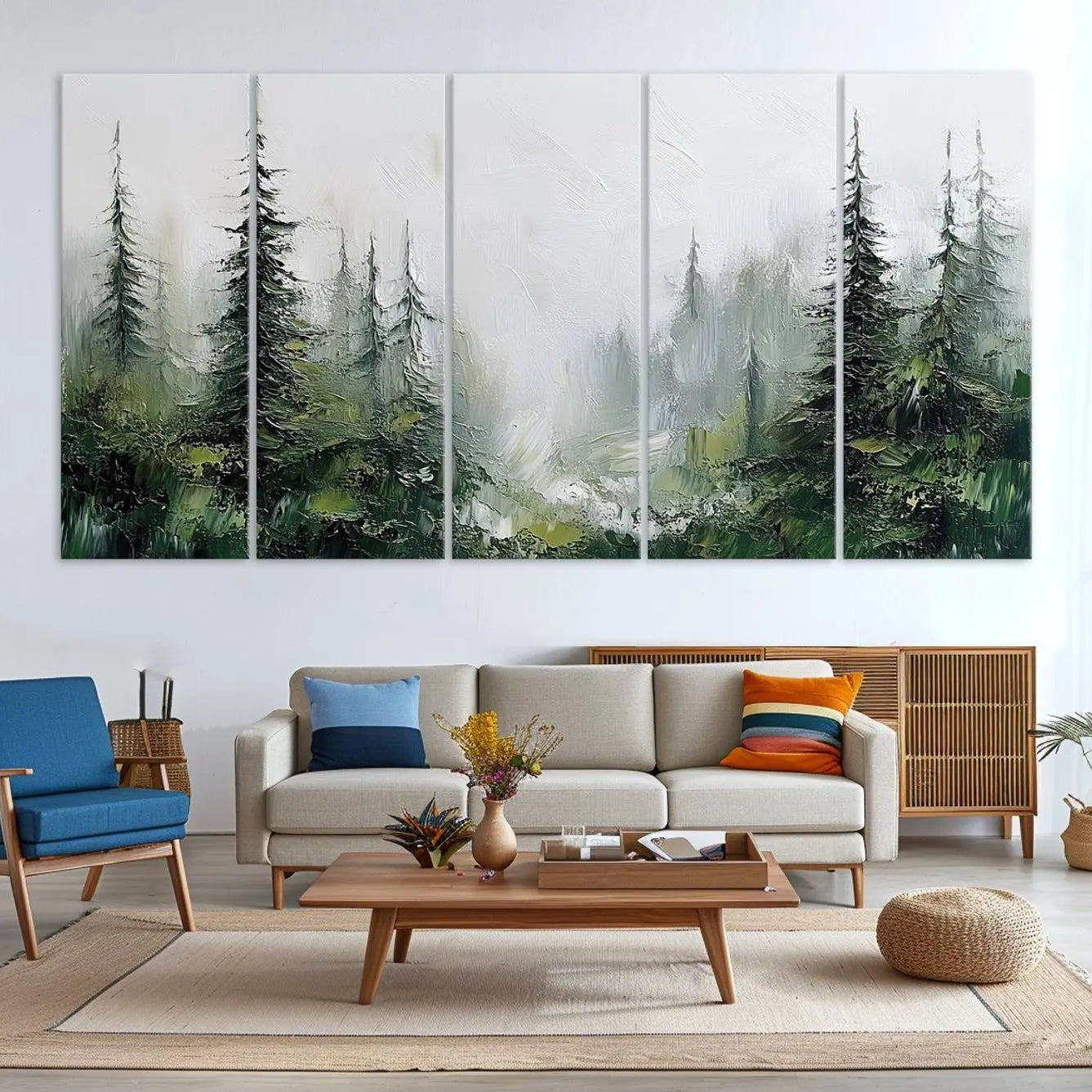 -Framed Abstract Forest Canvas Wall Art Print - Green and White Woodland Printing - Nature Artwork