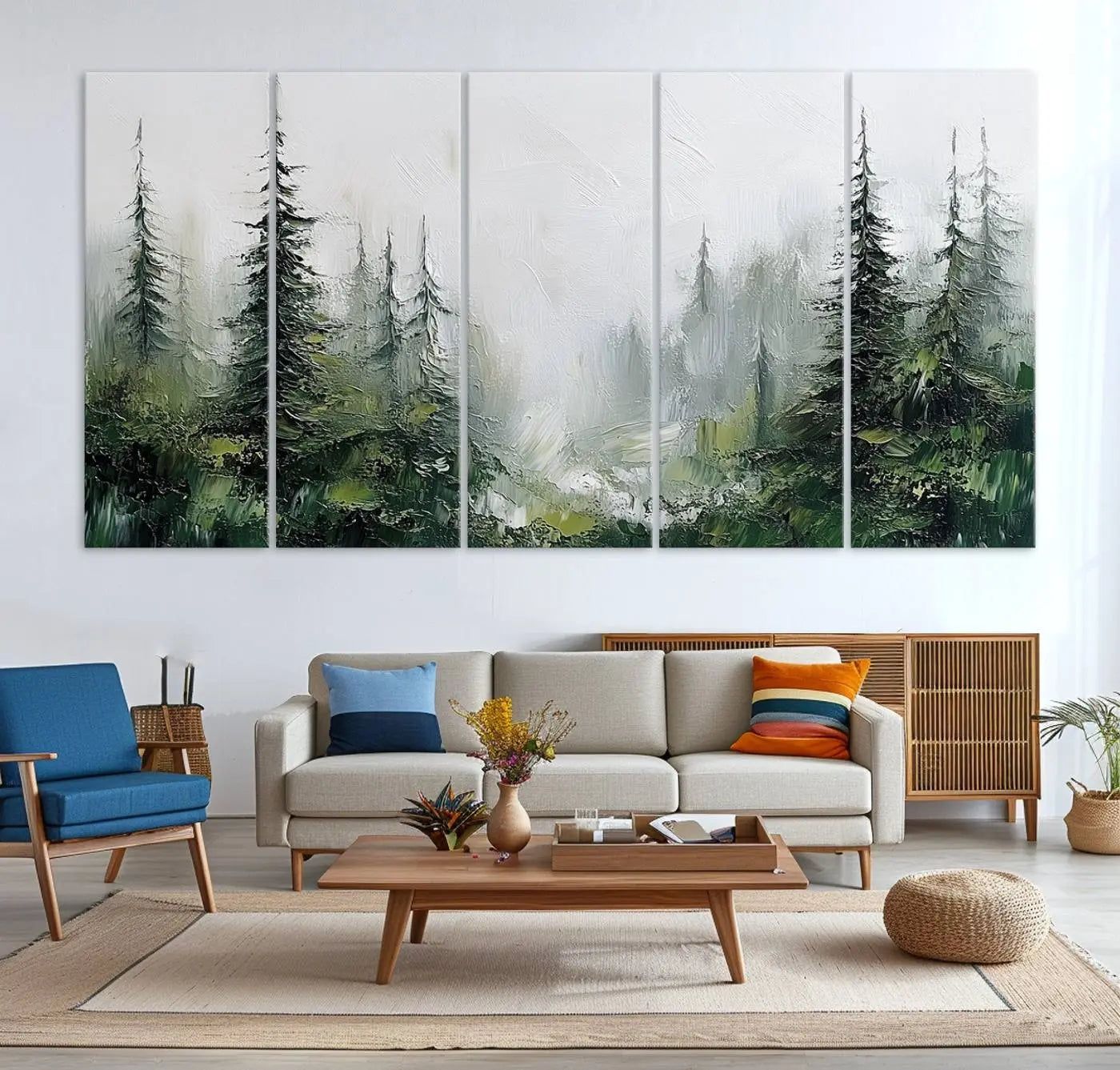 76014-MGV-CV-36X24-Abstract Forest Wall Art Canvas Print – Framed Green White Woodland Nature Scene Artwork for Home, Office Decor