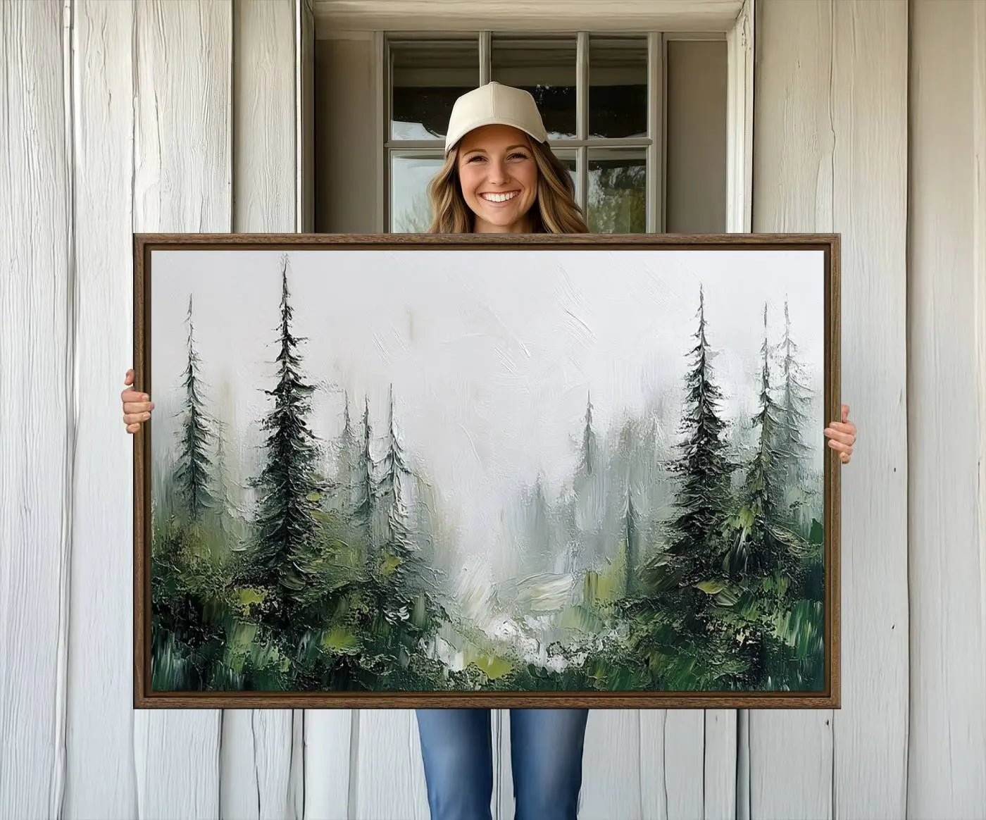 76014-MGV-CV-36X24-Abstract Forest Wall Art Canvas Print – Framed Green White Woodland Nature Scene Artwork for Home, Office Decor