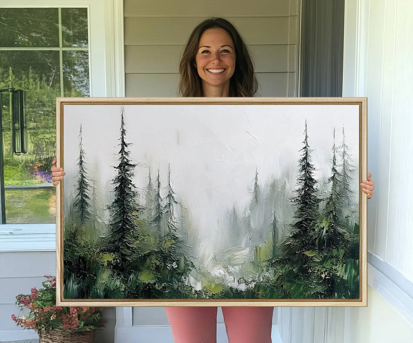 76014-MGV-CV-36X24-Abstract Forest Wall Art Canvas Print – Framed Green White Woodland Nature Scene Artwork for Home, Office Decor