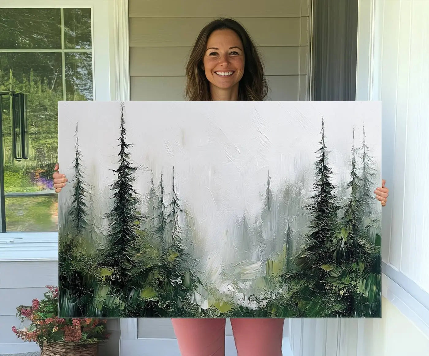 76014-MGV-CV-36X24-Abstract Forest Wall Art Canvas Print – Framed Green White Woodland Nature Scene Artwork for Home, Office Decor