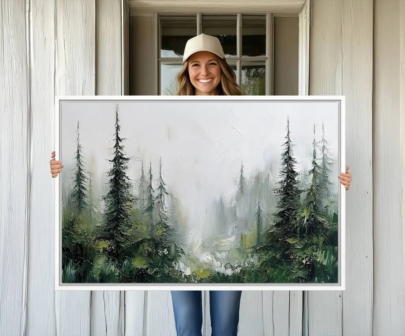 76014-MGV-CV-36X24-Abstract Forest Wall Art Canvas Print – Framed Green White Woodland Nature Scene Artwork for Home, Office Decor