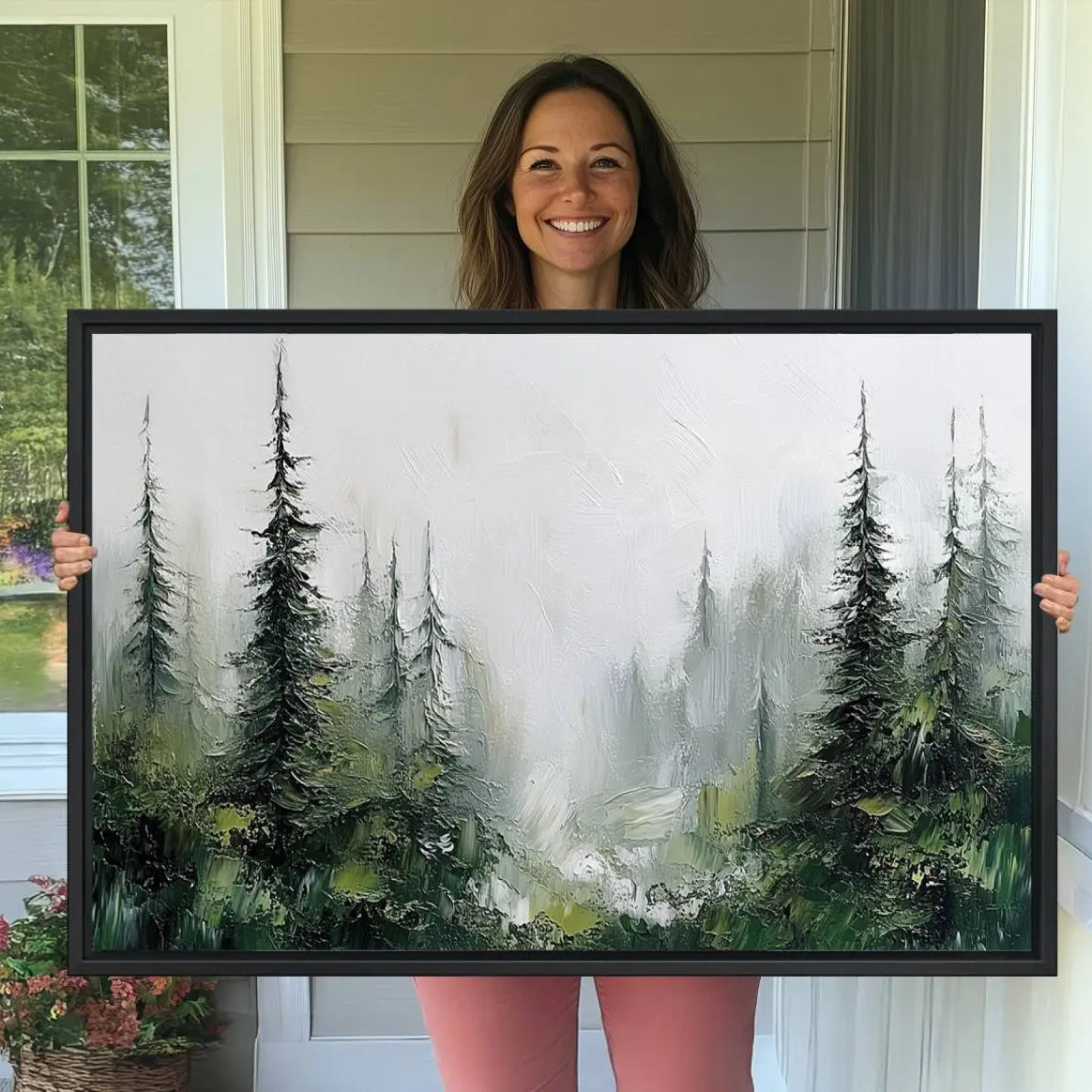 -Framed Abstract Forest Canvas Wall Art Print - Green and White Woodland Printing - Nature Artwork