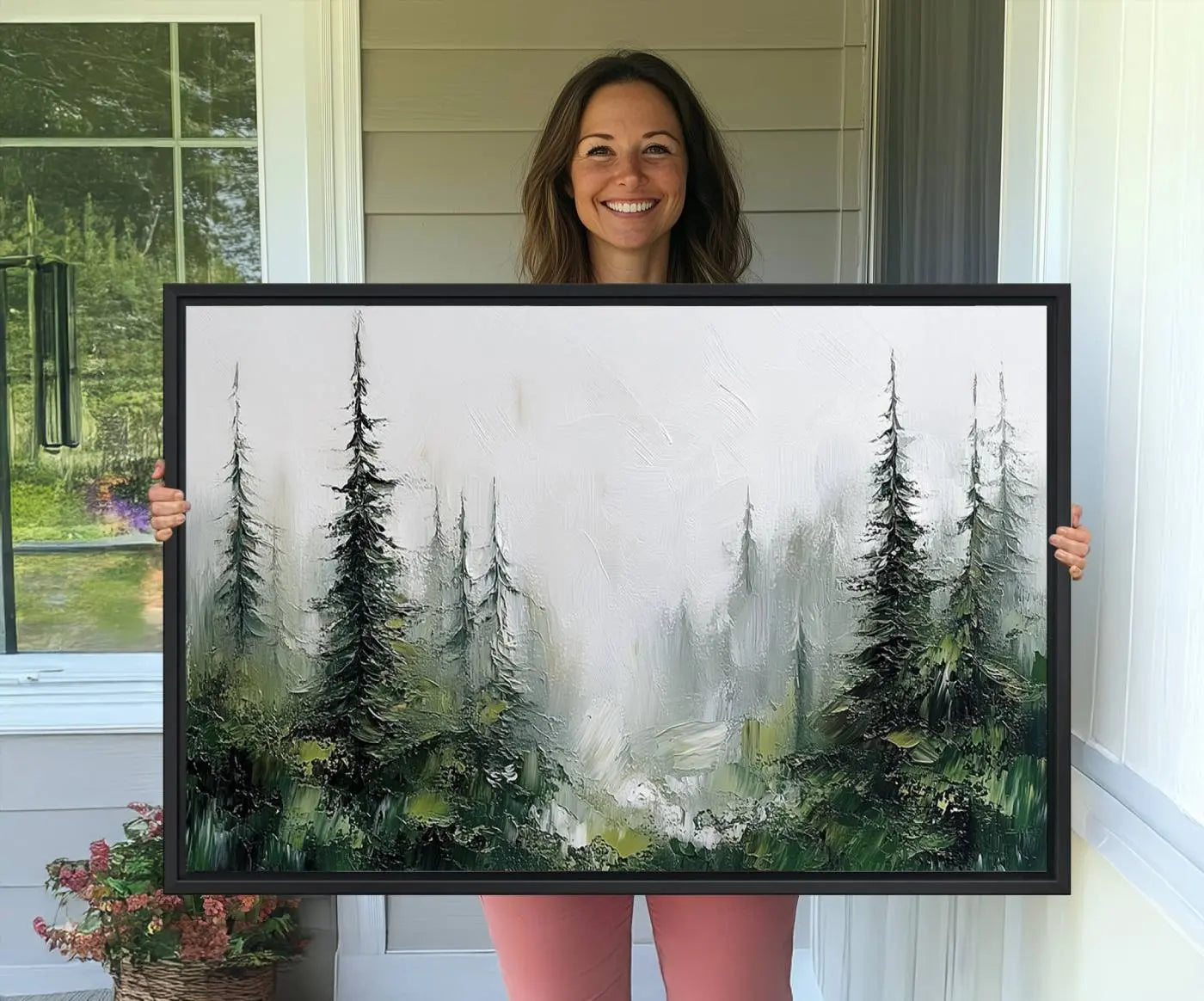 76014-MGV-CV-36X24-Abstract Forest Wall Art Canvas Print – Framed Green White Woodland Nature Scene Artwork for Home, Office Decor