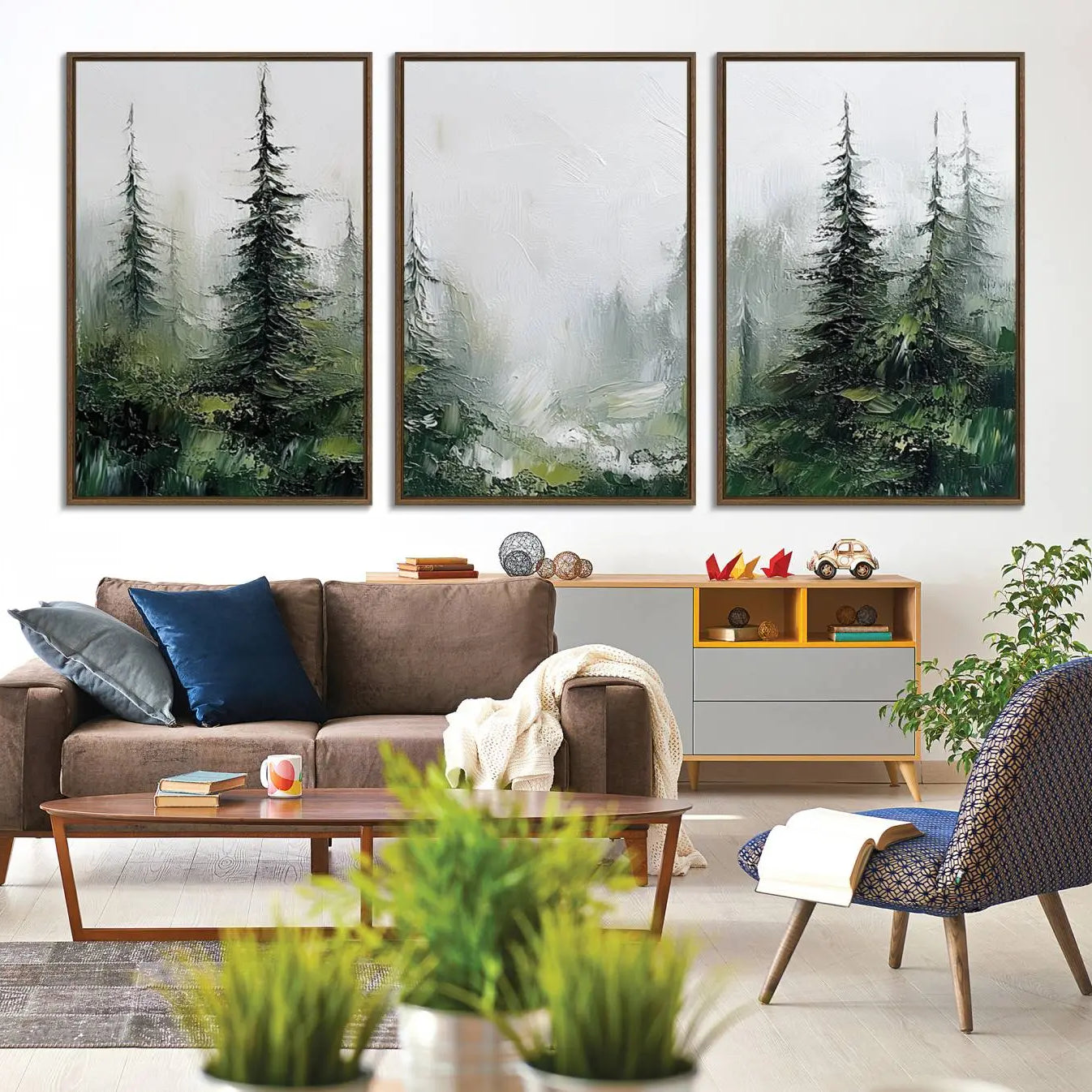 -Framed Abstract Forest Canvas Wall Art Print - Green and White Woodland Printing - Nature Artwork