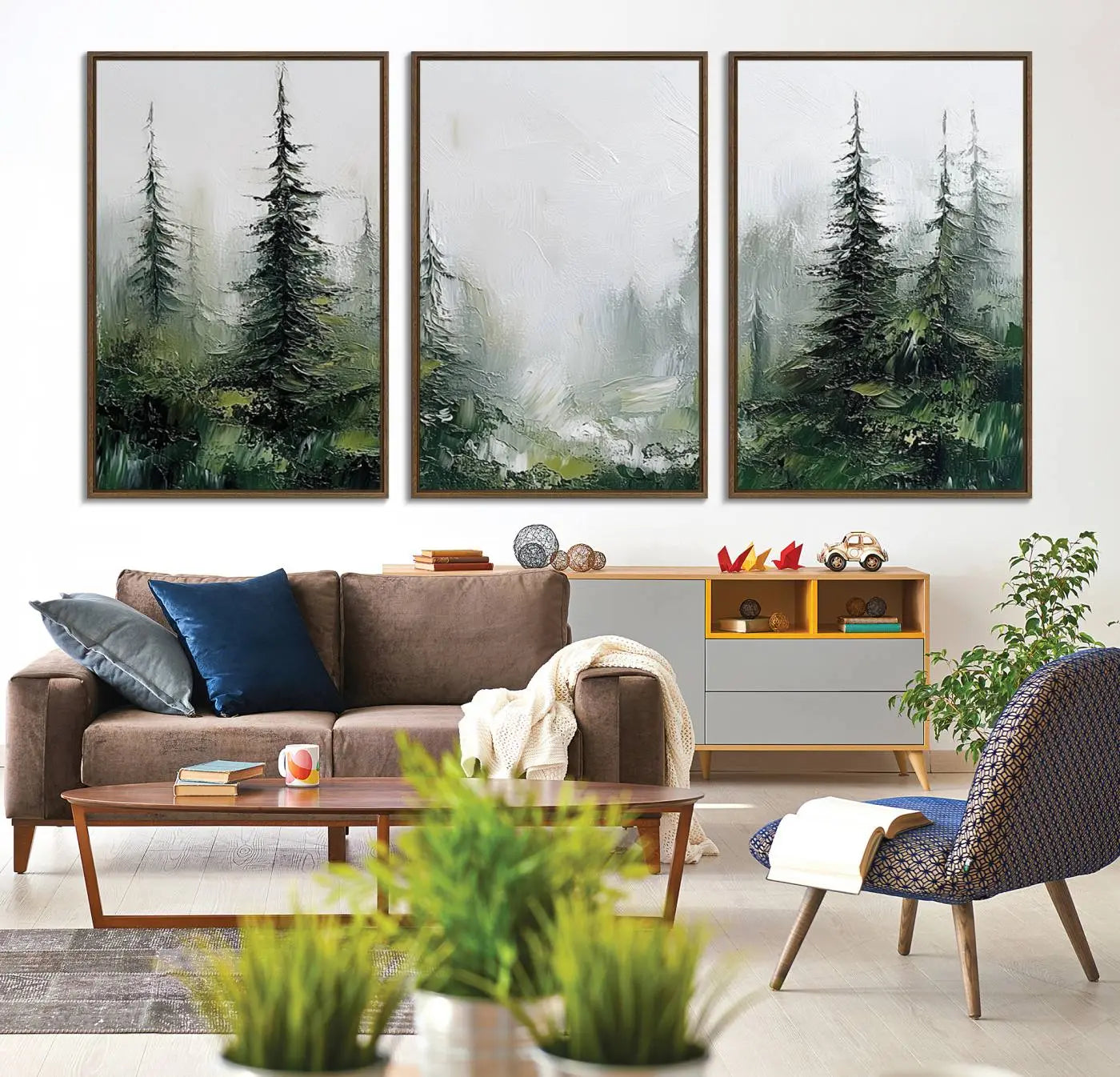 76014-MGV-CV-36X24-Abstract Forest Wall Art Canvas Print – Framed Green White Woodland Nature Scene Artwork for Home, Office Decor