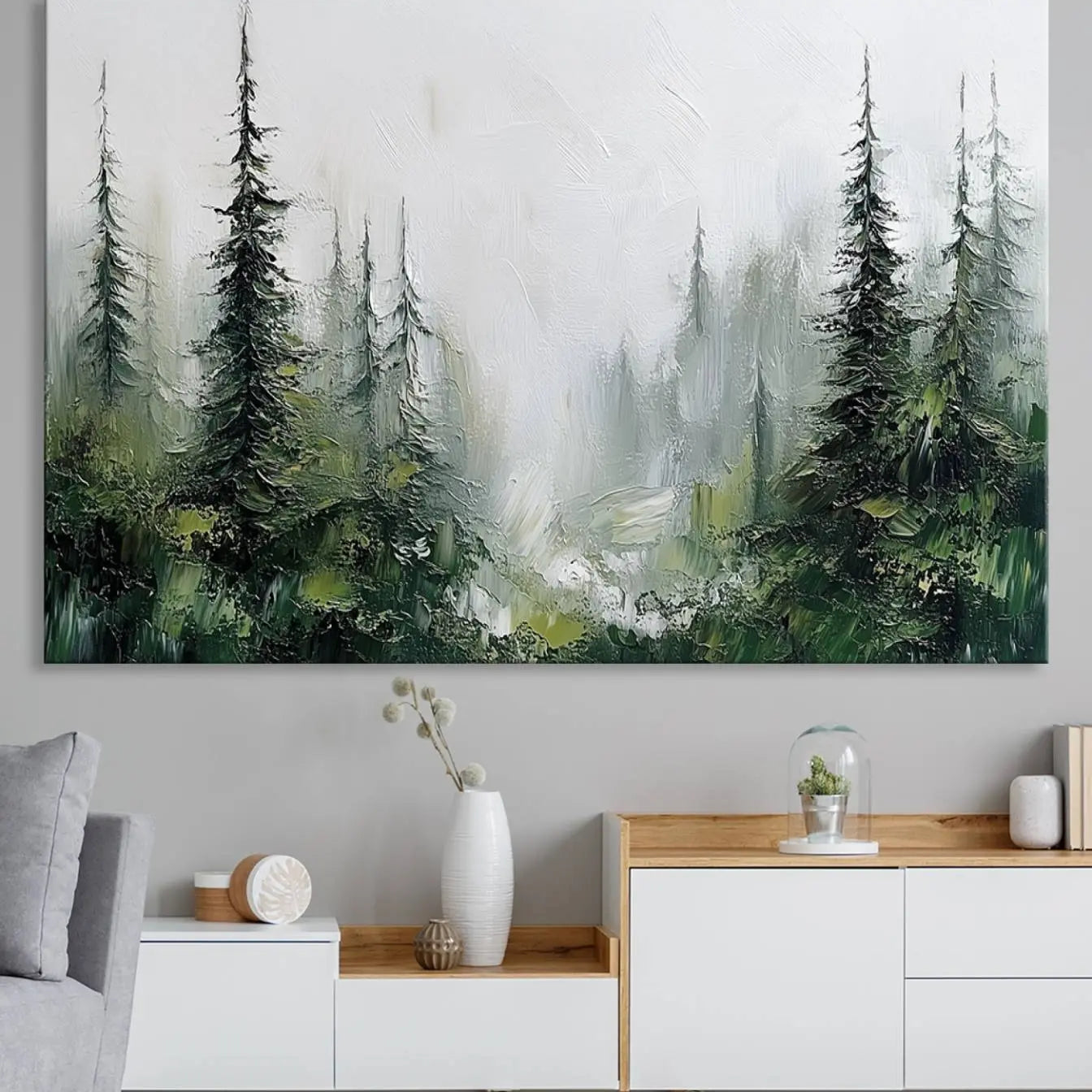 -Framed Abstract Forest Canvas Wall Art Print - Green and White Woodland Printing - Nature Artwork