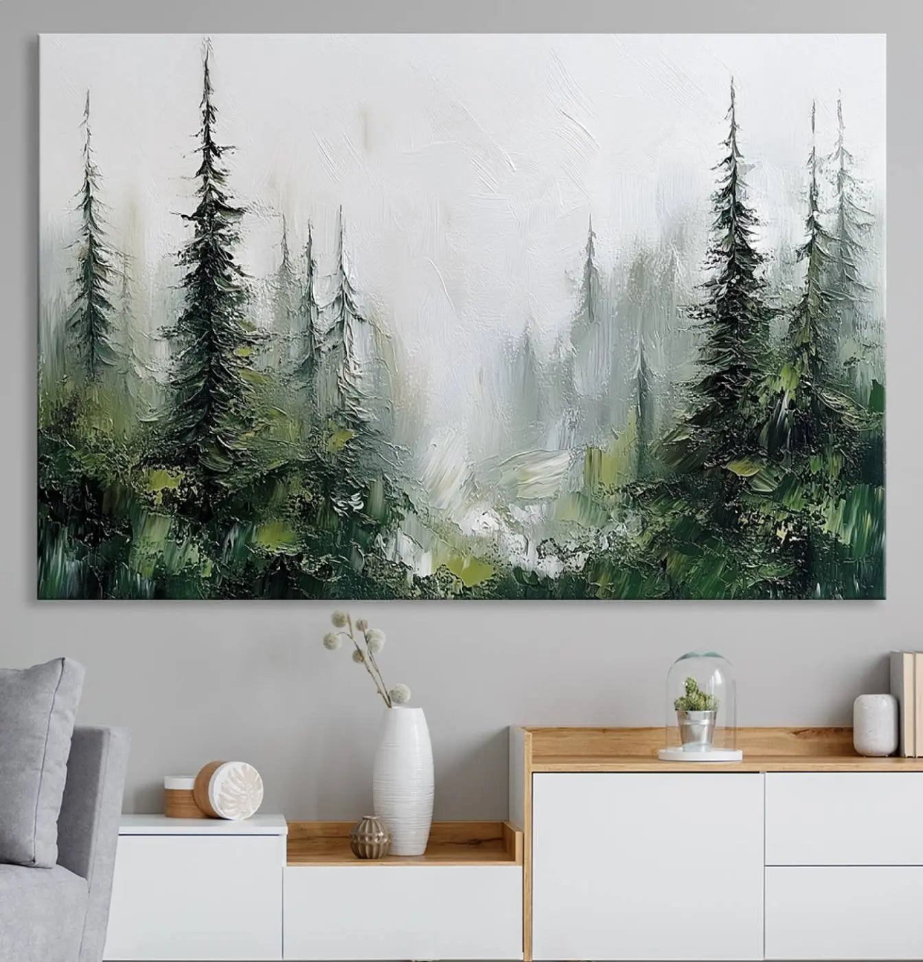 76014-MGV-CV-36X24-Abstract Forest Wall Art Canvas Print – Framed Green White Woodland Nature Scene Artwork for Home, Office Decor