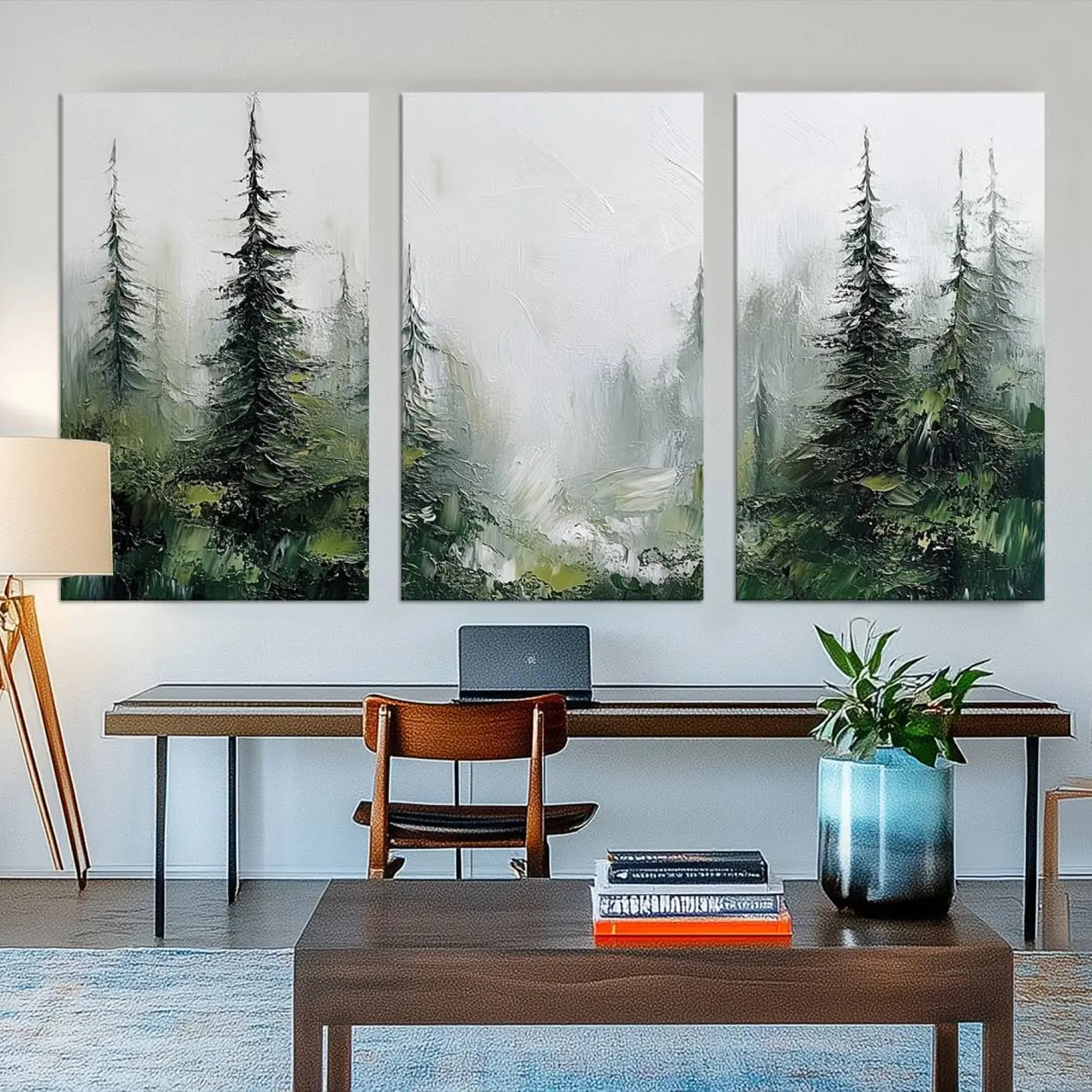 76014-MGV-CV-48X32-3P-Framed Abstract Forest Canvas Wall Art Print - Green and White Woodland Printing - Nature Artwork