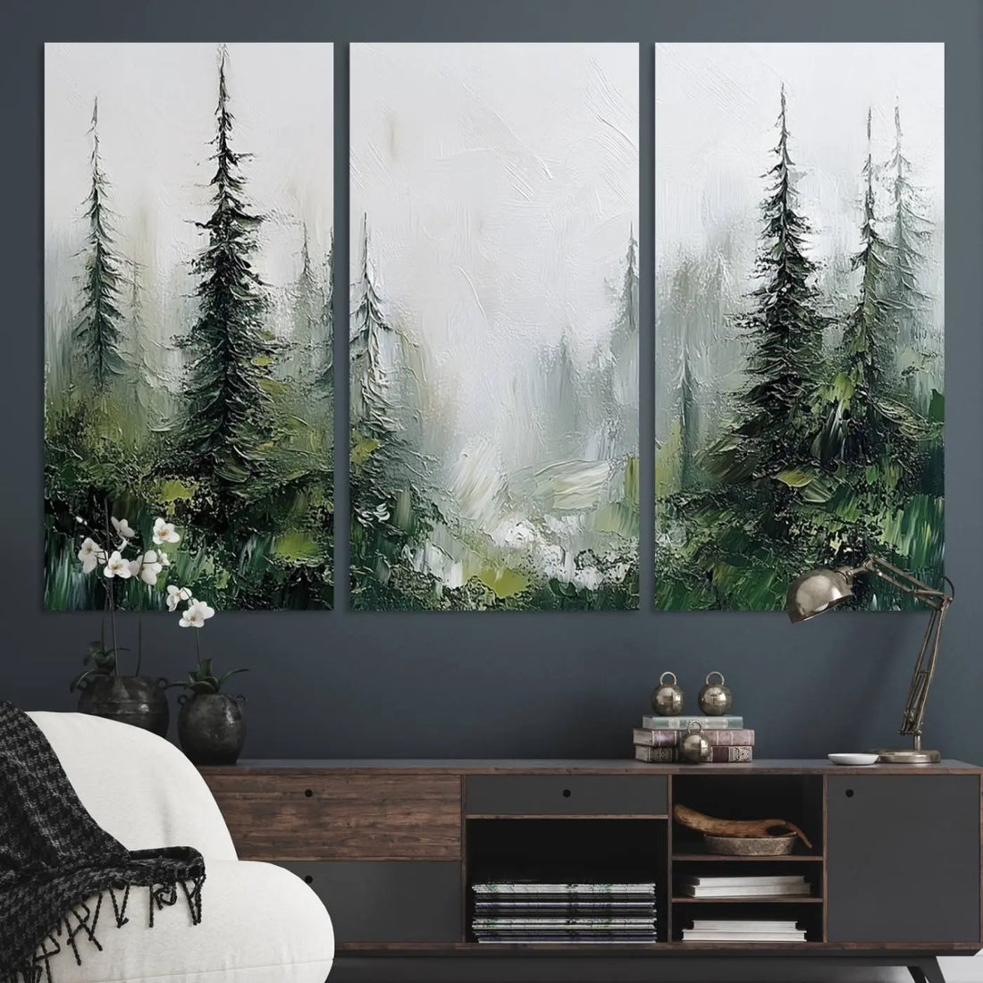 Abstract Forest Wall Art Canvas Print, Framed Green and White Woodland Nature Artwork