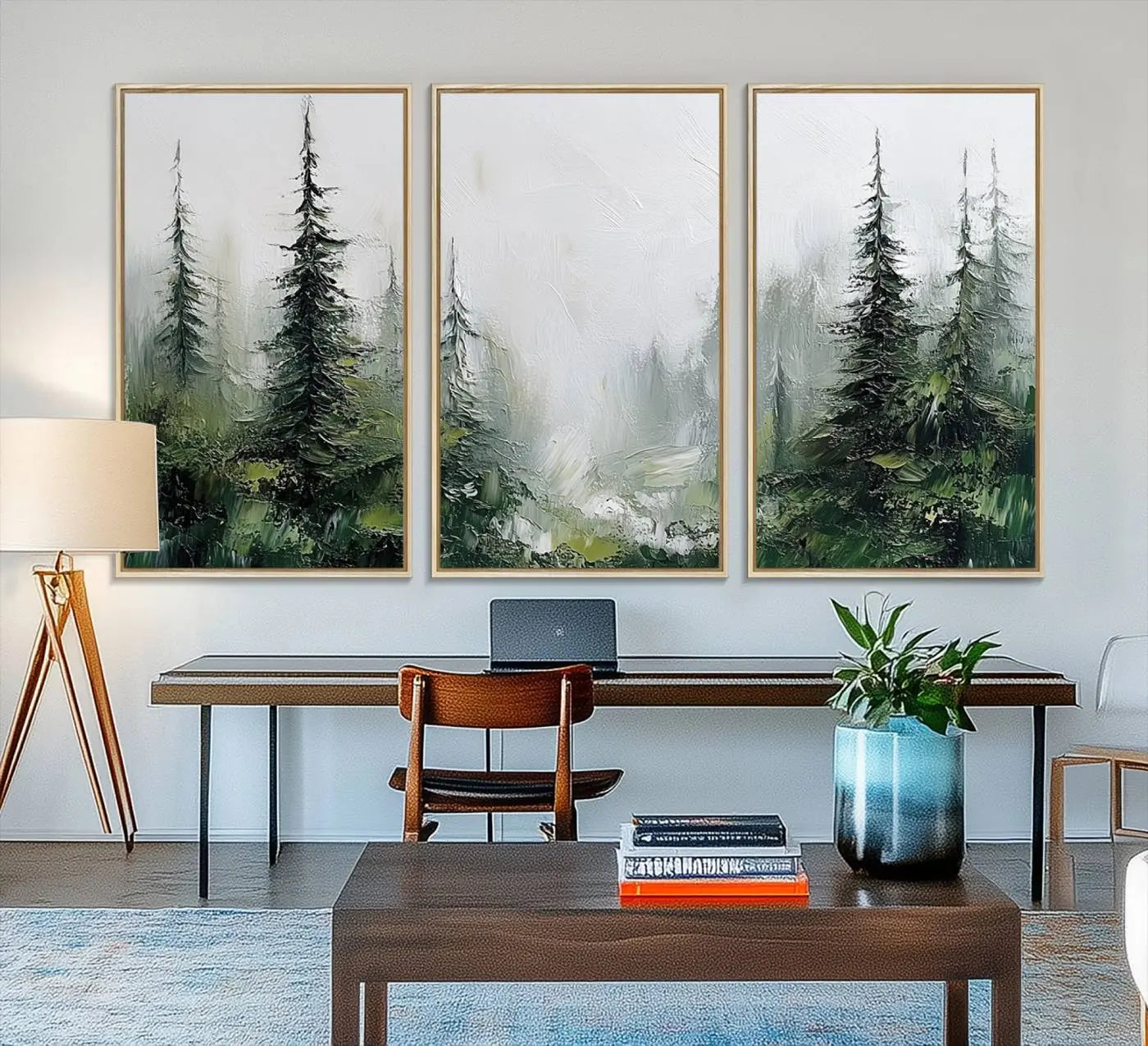 76014-MGV-FC-48X32-3P_Natural-Abstract Forest Wall Art Canvas Print – Framed Green White Woodland Nature Scene Artwork for Home, Office Decor