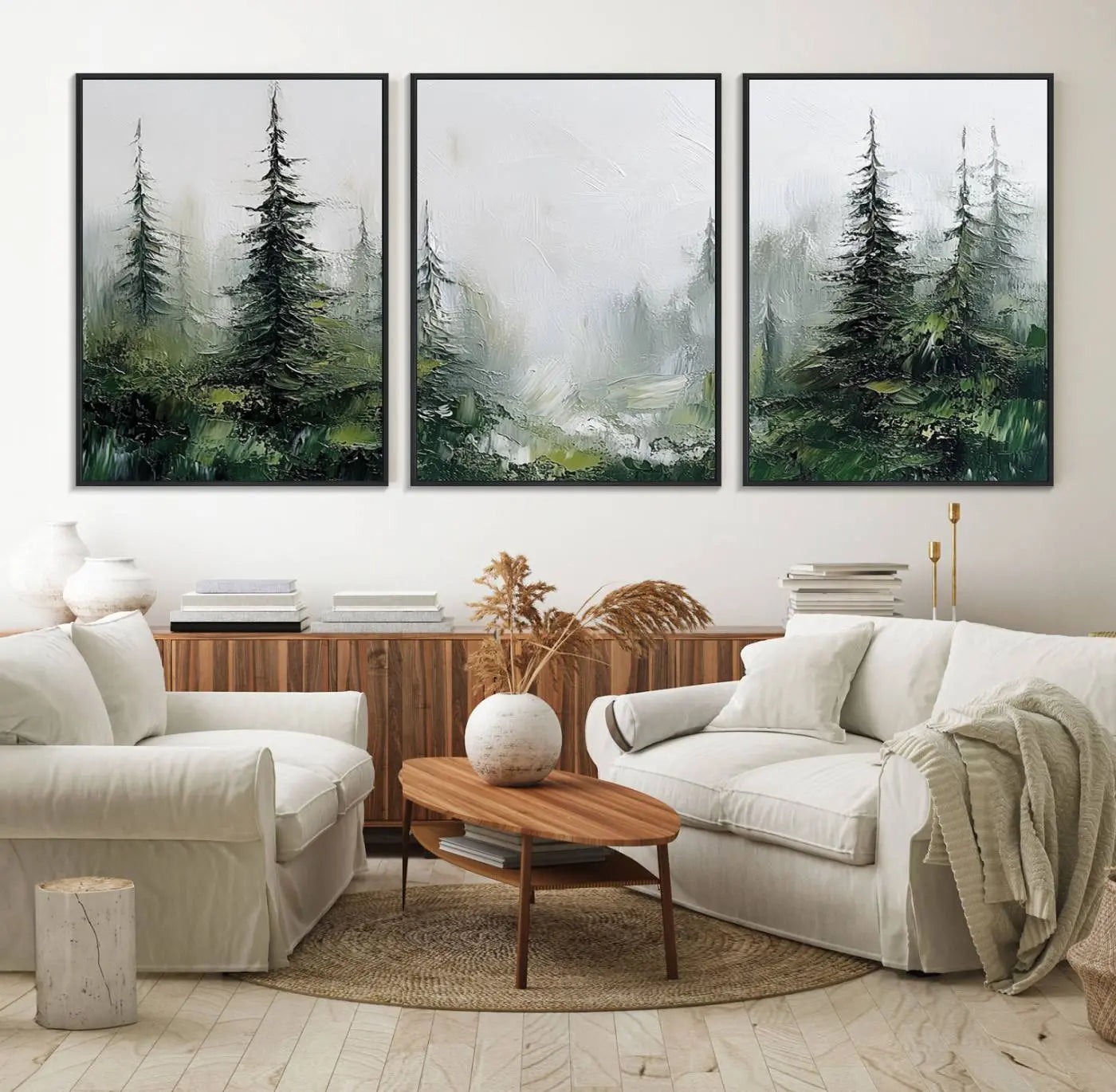 76014-MGV-FC-60X30-3P_Black-Abstract Forest Wall Art Canvas Print – Framed Green White Woodland Nature Scene Artwork for Home, Office Decor