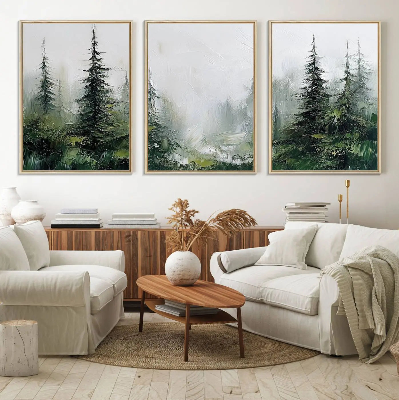 76014-MGV-FC-60X30-3P_Natural-Abstract Forest Wall Art Canvas Print – Framed Green White Woodland Nature Scene Artwork for Home, Office Decor