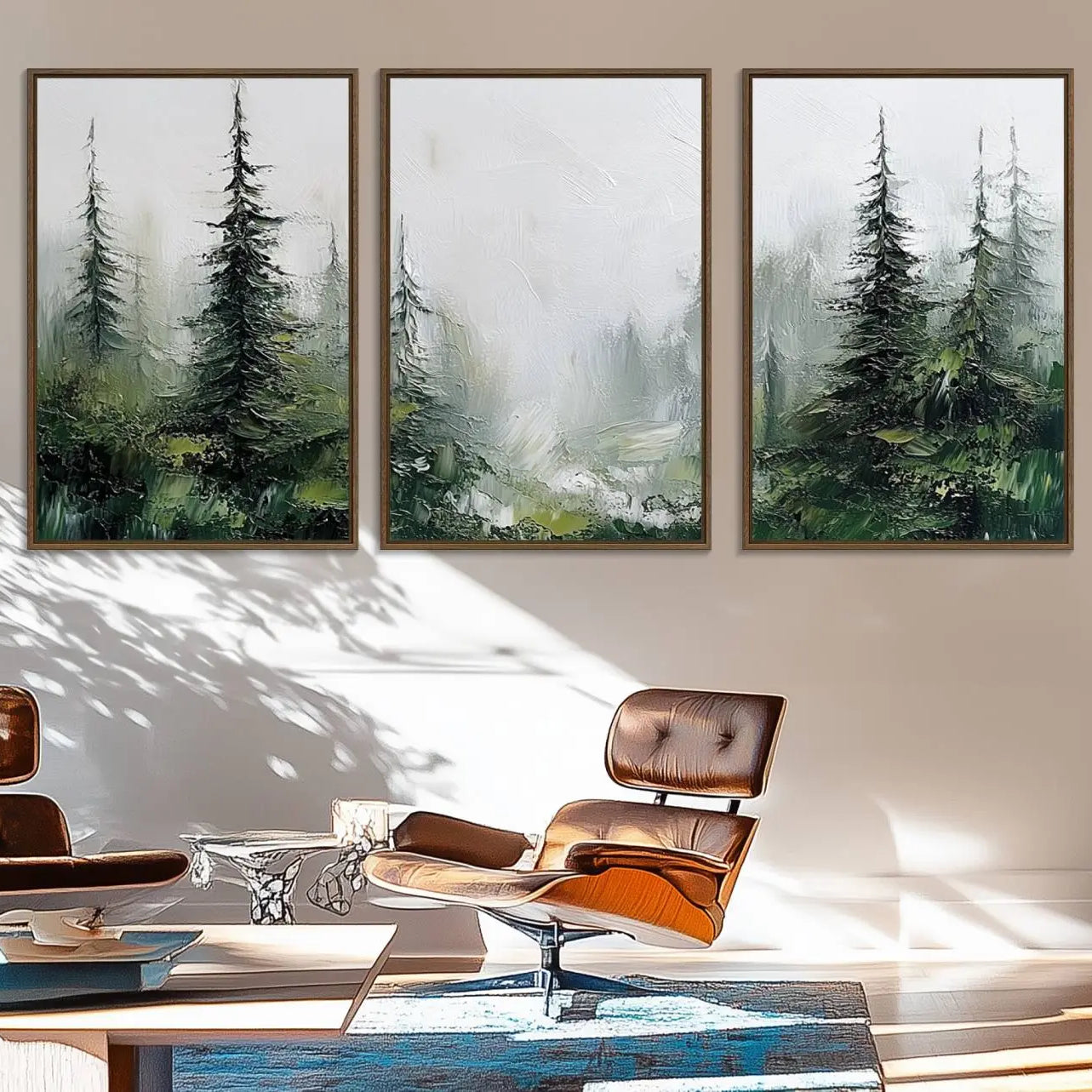 76014-MGV-FC-60X30-3P_Walnut-Framed Abstract Forest Canvas Wall Art Print - Green and White Woodland Printing - Nature Artwork
