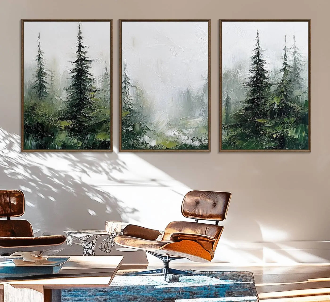 76014-MGV-FC-60X30-3P_Walnut-Abstract Forest Wall Art Canvas Print – Framed Green White Woodland Nature Scene Artwork for Home, Office Decor