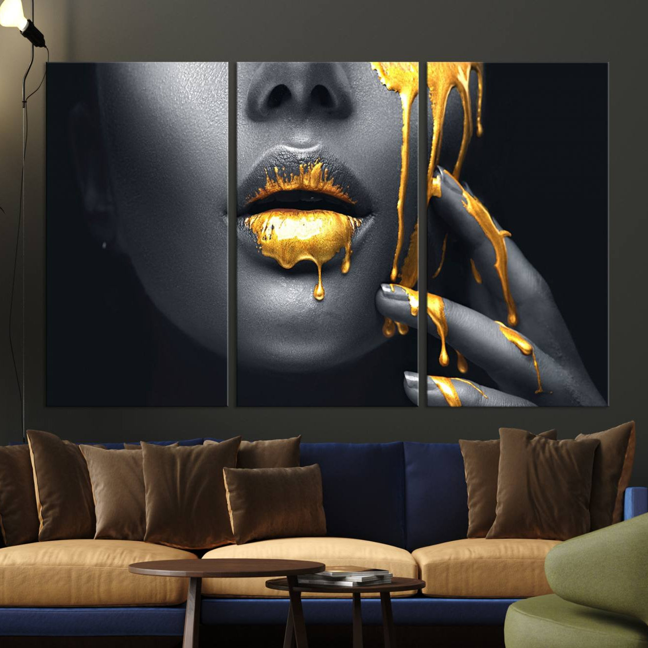 -Gold Glitter Lips Fashion Photography Wall Art Makeup Wall Art, Gold Glitter Lips Wall Art Canvas