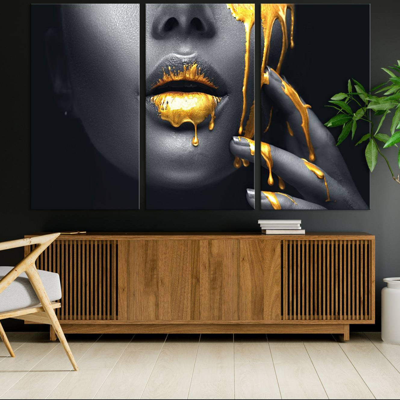 -Gold Glitter Lips Fashion Photography Wall Art Makeup Wall Art, Gold Glitter Lips Wall Art Canvas