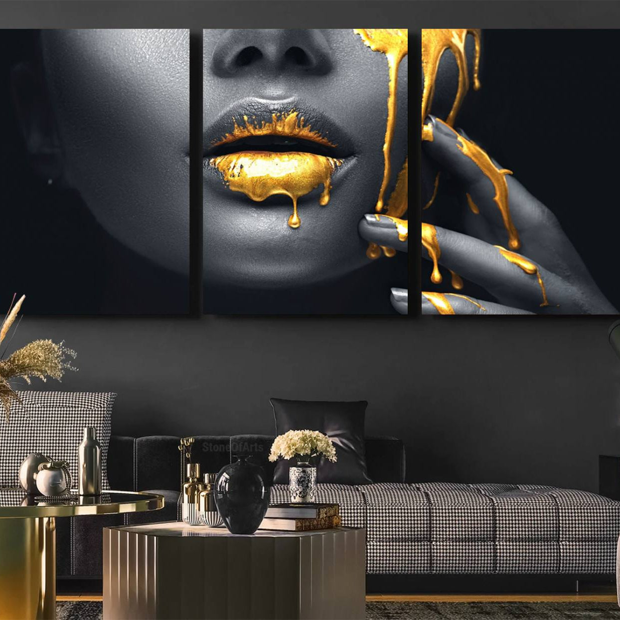 -Gold Glitter Lips Fashion Photography Wall Art Makeup Wall Art, Gold Glitter Lips Wall Art Canvas