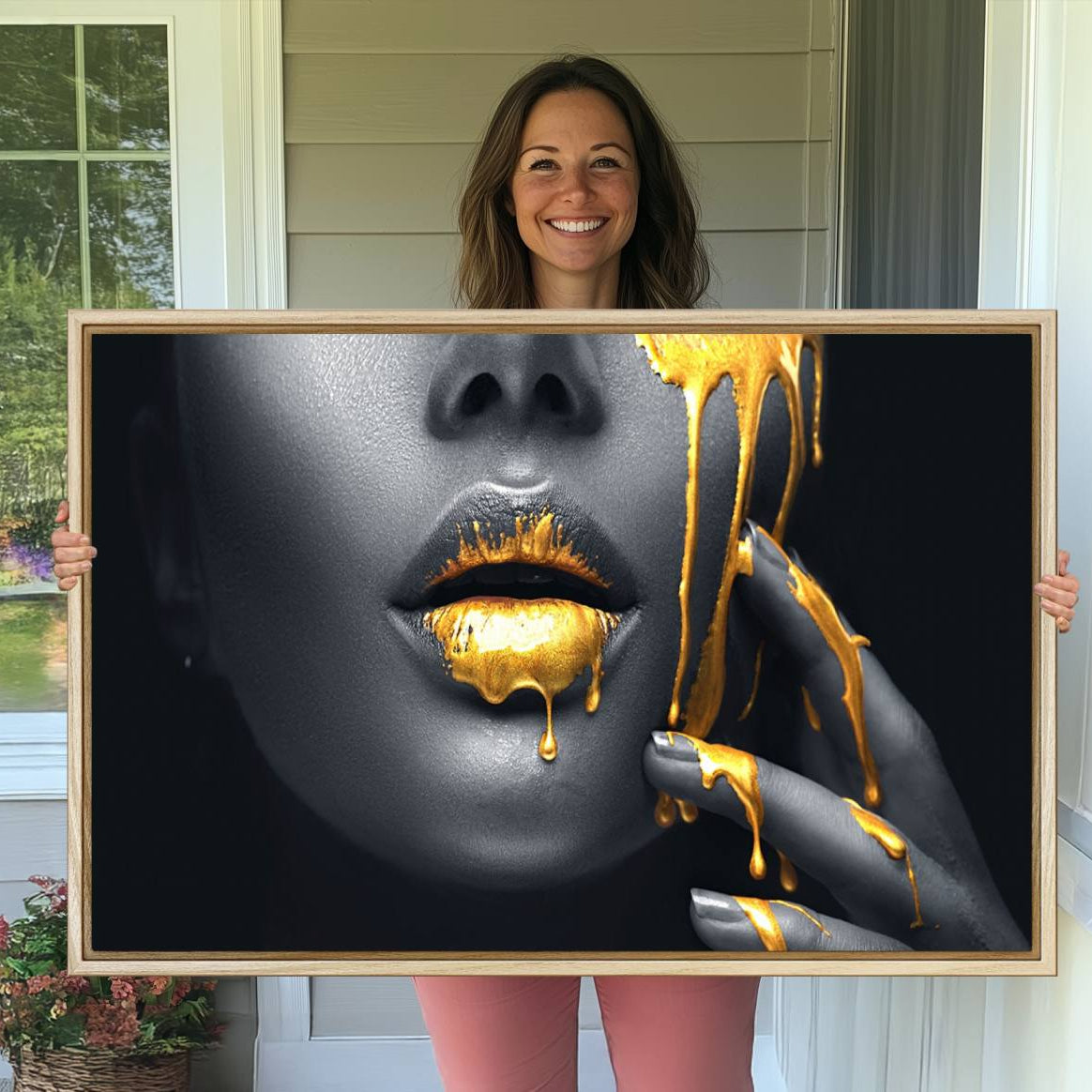 -Gold Glitter Lips Fashion Photography Wall Art Makeup Wall Art, Gold Glitter Lips Wall Art Canvas