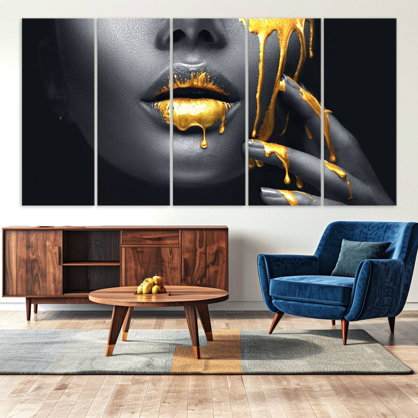 -Gold Glitter Lips Fashion Photography Wall Art Makeup Wall Art, Gold Glitter Lips Wall Art Canvas