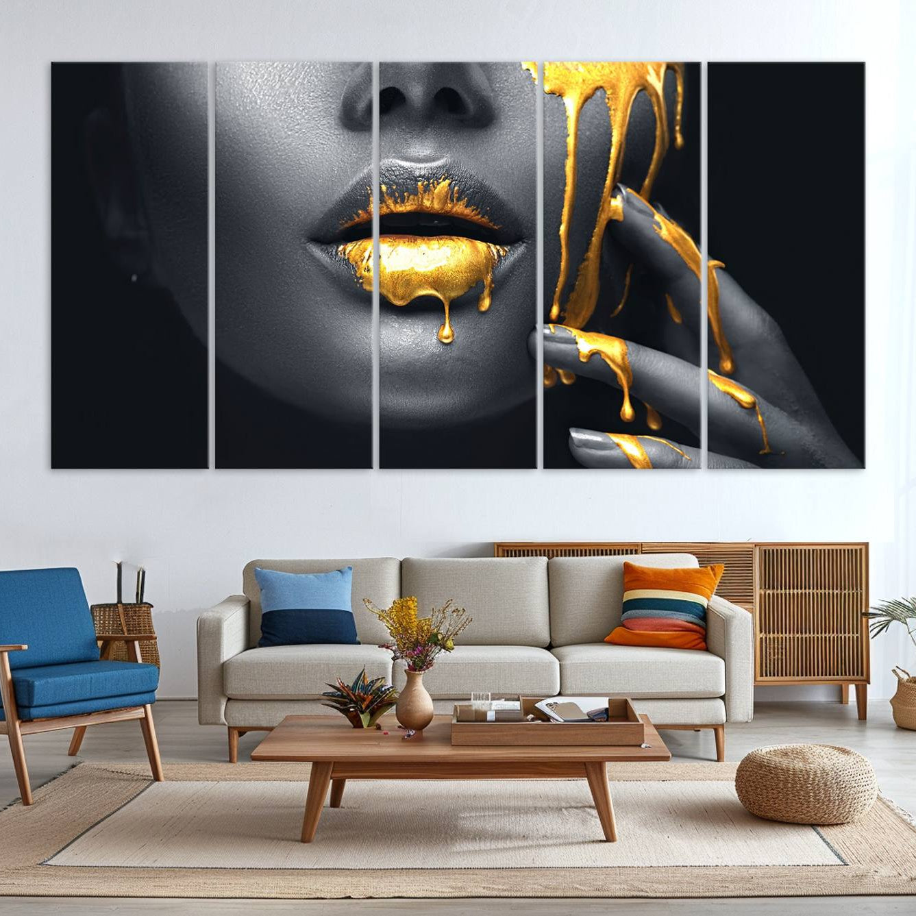 -Gold Glitter Lips Fashion Photography Wall Art Makeup Wall Art, Gold Glitter Lips Wall Art Canvas