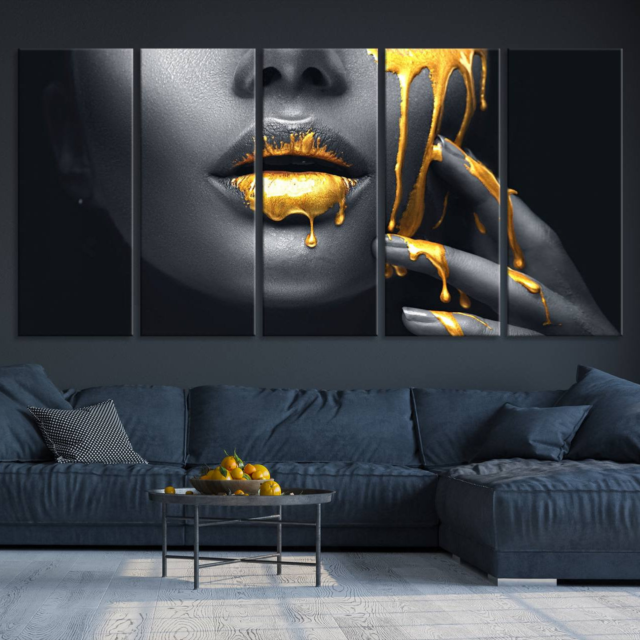 -Gold Glitter Lips Fashion Photography Wall Art Makeup Wall Art, Gold Glitter Lips Wall Art Canvas